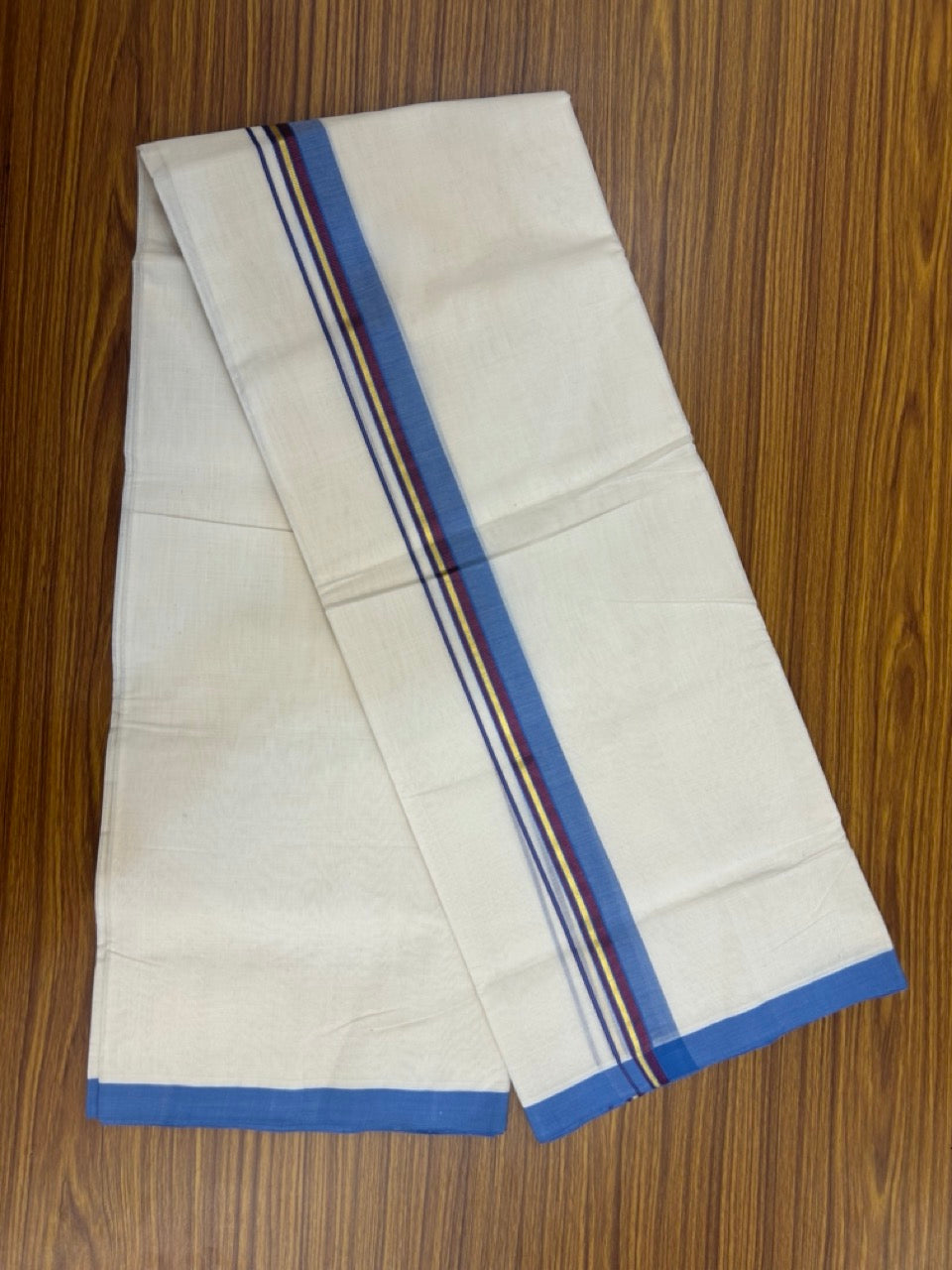 25% Discount ! KaithariKada Handloom Millpaav Balaramapuram - Cotton Off White (Unbleached) Double Mundu/Dothi - 80x90 - 1.25 inch Gold Kasavu & Purple Kasav , Blue Mulloth Kara 4 Meters (8.5 Muzham) - 117 KK5256 RAM