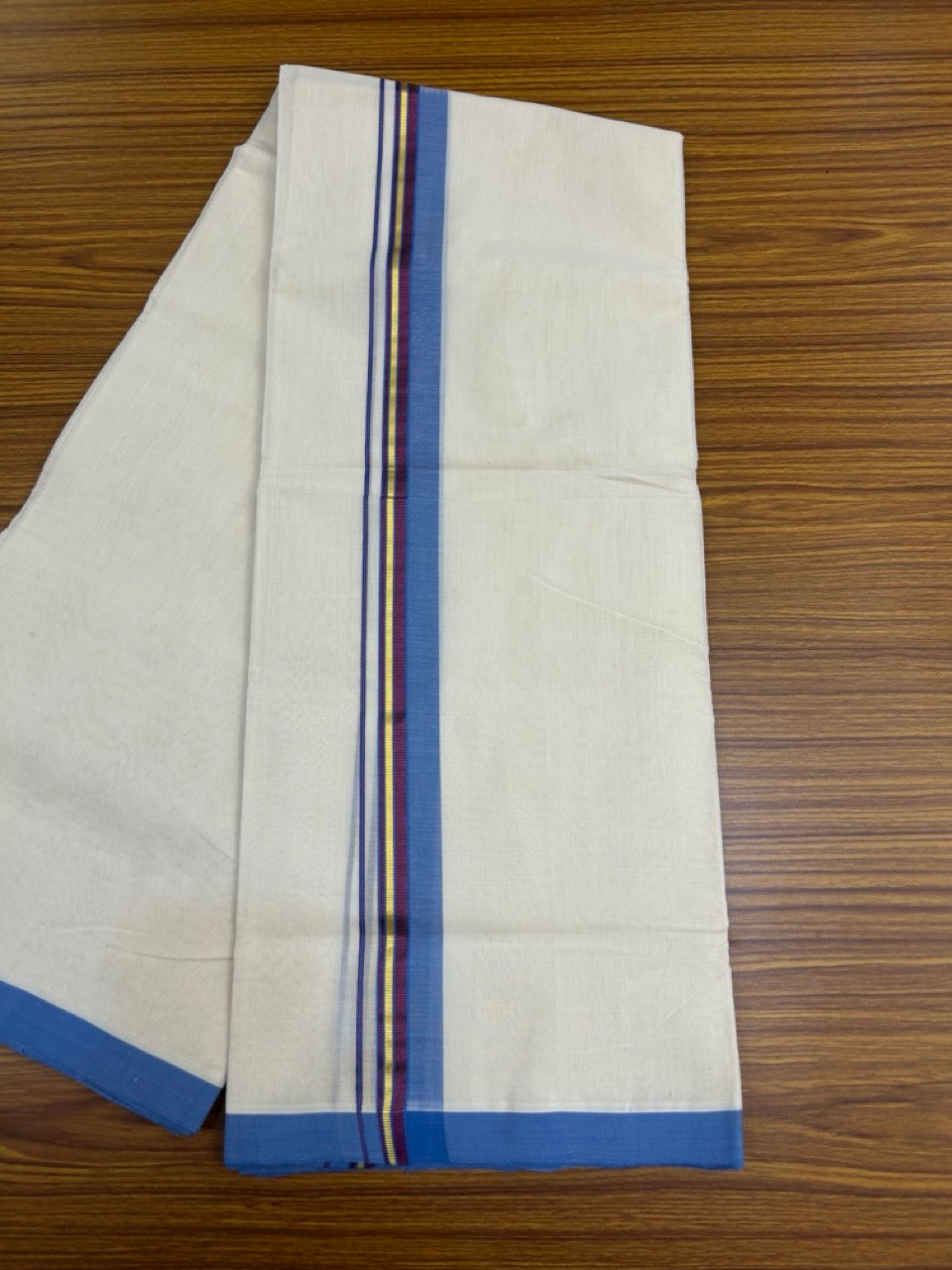 25% Discount ! KaithariKada Handloom Millpaav Balaramapuram - Cotton Off White (Unbleached) Double Mundu/Dothi - 80x90 - 1.25 inch Gold Kasavu & Purple Kasav , Blue Mulloth Kara 4 Meters (8.5 Muzham) - 117 KK5256 RAM