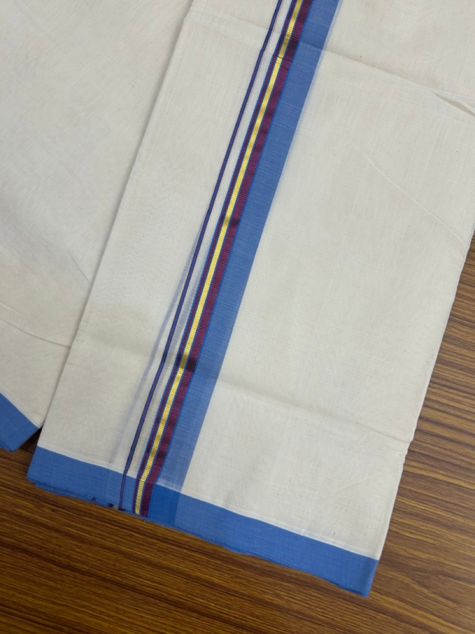 25% Discount ! KaithariKada Handloom Millpaav Balaramapuram - Cotton Off White (Unbleached) Double Mundu/Dothi - 80x90 - 1.25 inch Gold Kasavu & Purple Kasav , Blue Mulloth Kara 4 Meters (8.5 Muzham) - 117 KK5256 RAM