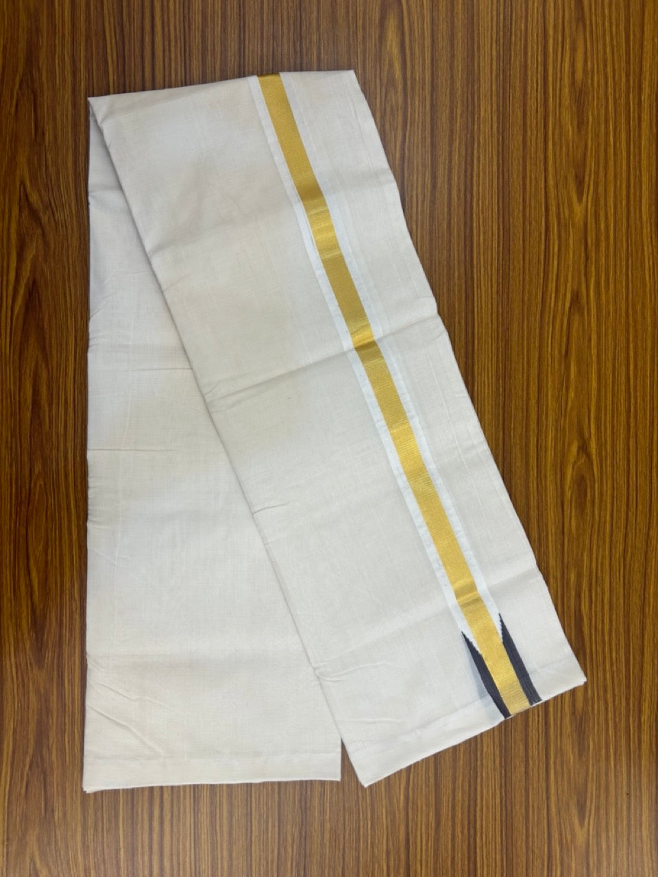 25% Discount ! KaithariKada Handloom Unakkupaav Balaramapuram - Cotton Off White (Unbleached) Double Mundu/Dothi - 80x90 - 1.5 inch Puliyilakkara Kasavu Dark Ash Grey chutty 3.85 mtr (8 muzham) - 107 KK5256 RAM