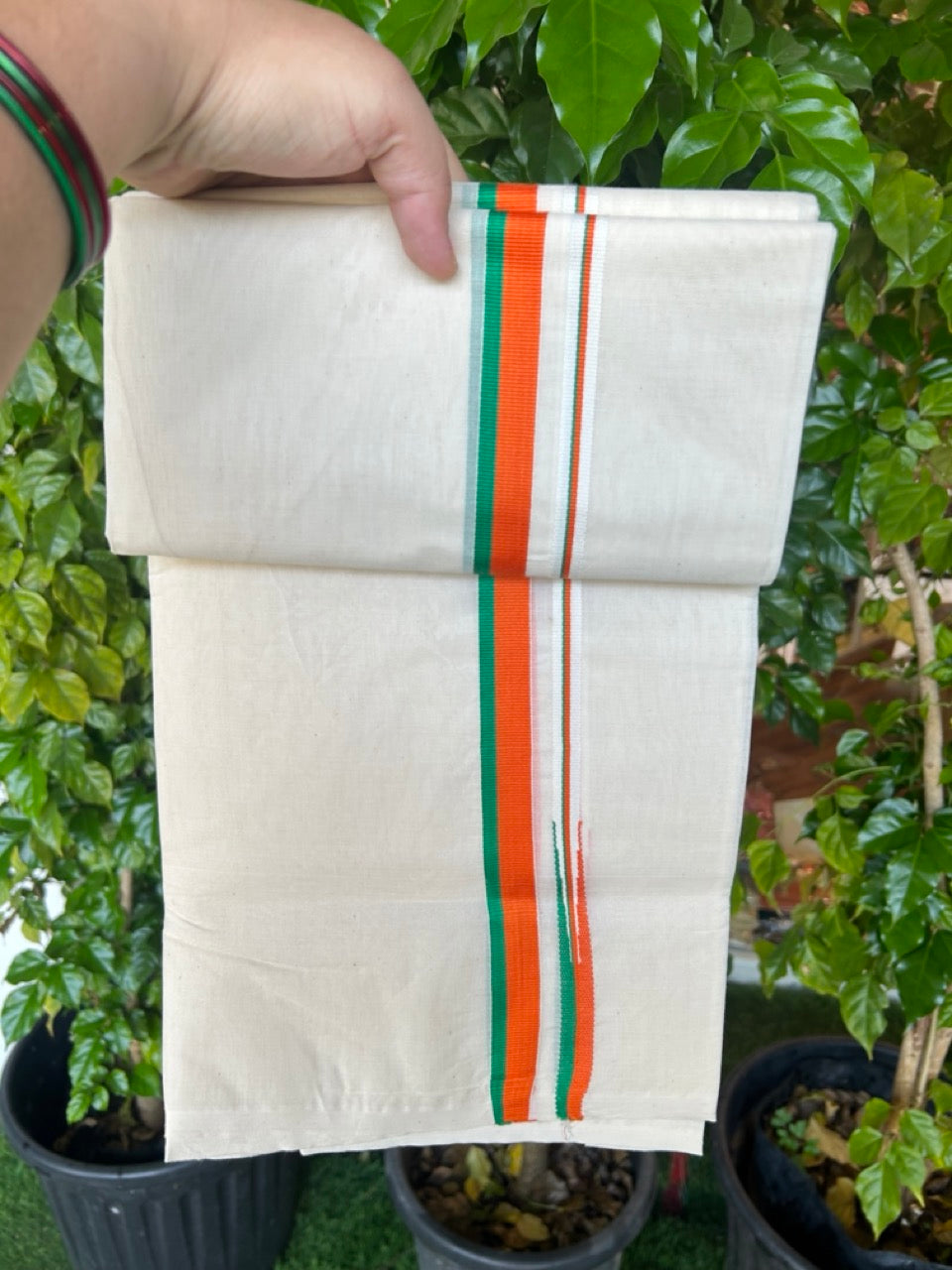 BJP VESHTI - 20% DISCOUNT! KaithariKada 100% Cotton off white Double - (Unbleached) Mundu/Dhoti - 100X100 - 1 inch Puliyilakkara Orange & Green Chutty Kara - 6 KK5207 ASH