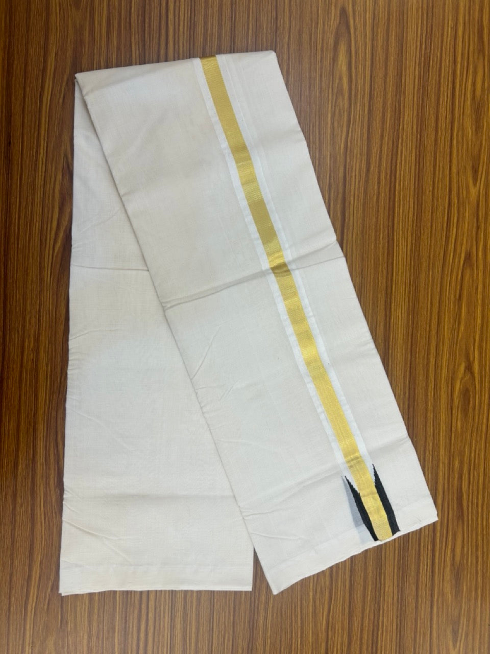 25% Discount ! KaithariKada Handloom Unakkupaav Balaramapuram - Cotton Off White (Unbleached) Double Mundu/Dothi - 80x90 - 1.5 inch Puliyilakkara Kasavu Black chutty 3.85 mtr (8 muzham) - 106 KK5256 RAM