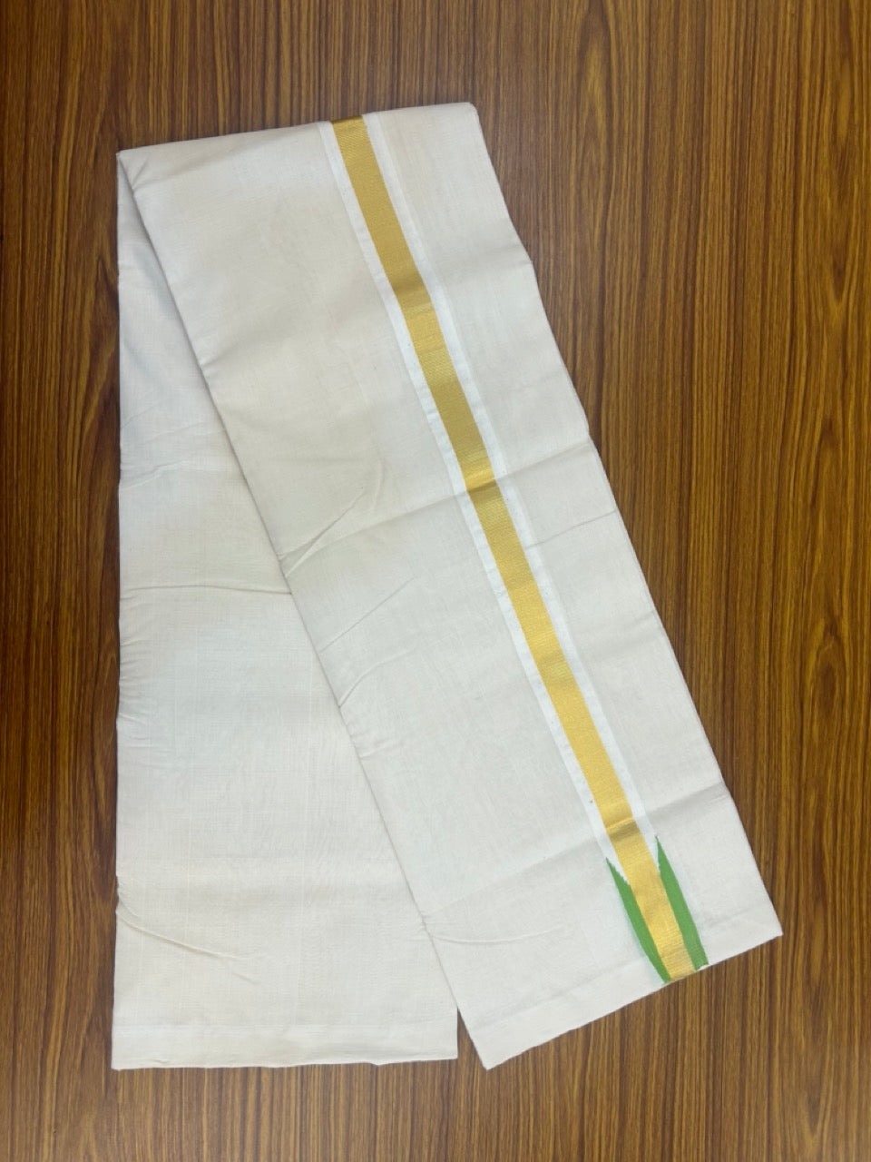 25% Discount ! KaithariKada Handloom Unakkupaav Balaramapuram - Cotton Off White (Unbleached) Double Mundu/Dothi - 80x90 - 1.5 inch Puliyilakkara Kasavu Parrot Green chutty 3.85 mtr (8 muzham) - 105 KK5256 RAM
