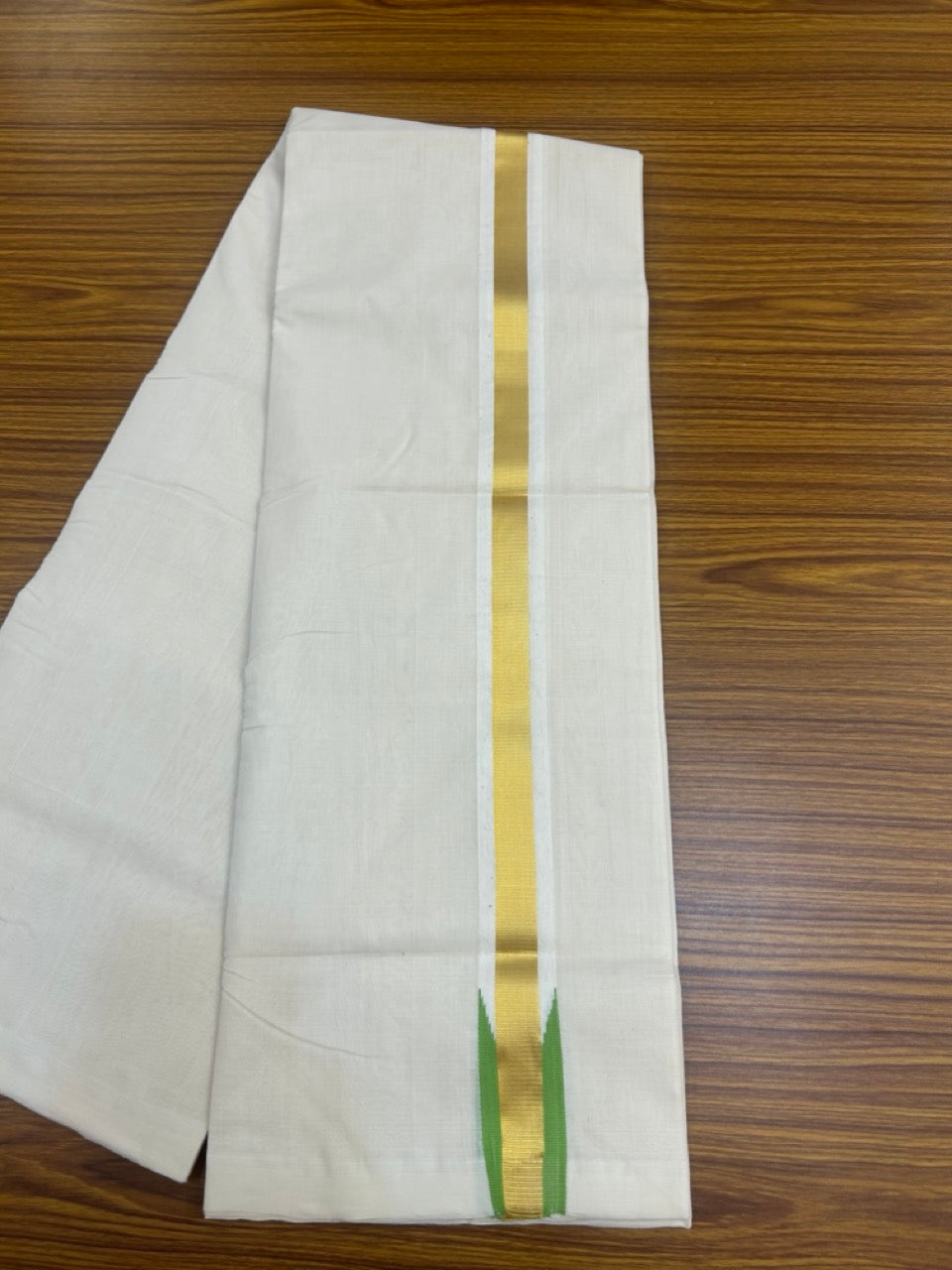 25% Discount ! KaithariKada Handloom Unakkupaav Balaramapuram - Cotton Off White (Unbleached) Double Mundu/Dothi - 80x90 - 1.5 inch Puliyilakkara Kasavu Parrot Green chutty 3.85 mtr (8 muzham) - 105 KK5256 RAM