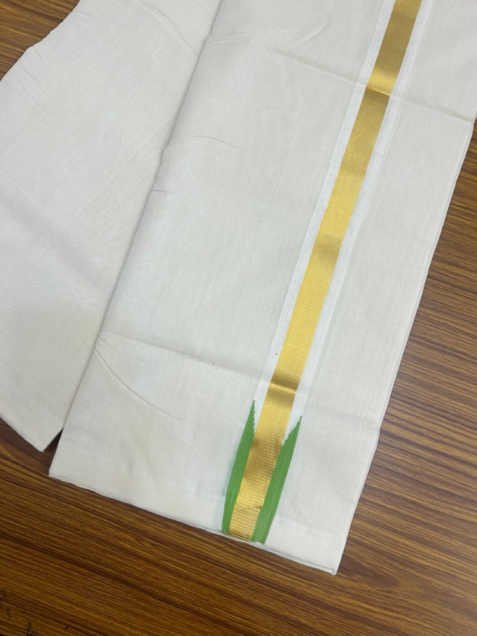 25% Discount ! KaithariKada Handloom Unakkupaav Balaramapuram - Cotton Off White (Unbleached) Double Mundu/Dothi - 80x90 - 1.5 inch Puliyilakkara Kasavu Parrot Green chutty 3.85 mtr (8 muzham) - 105 KK5256 RAM