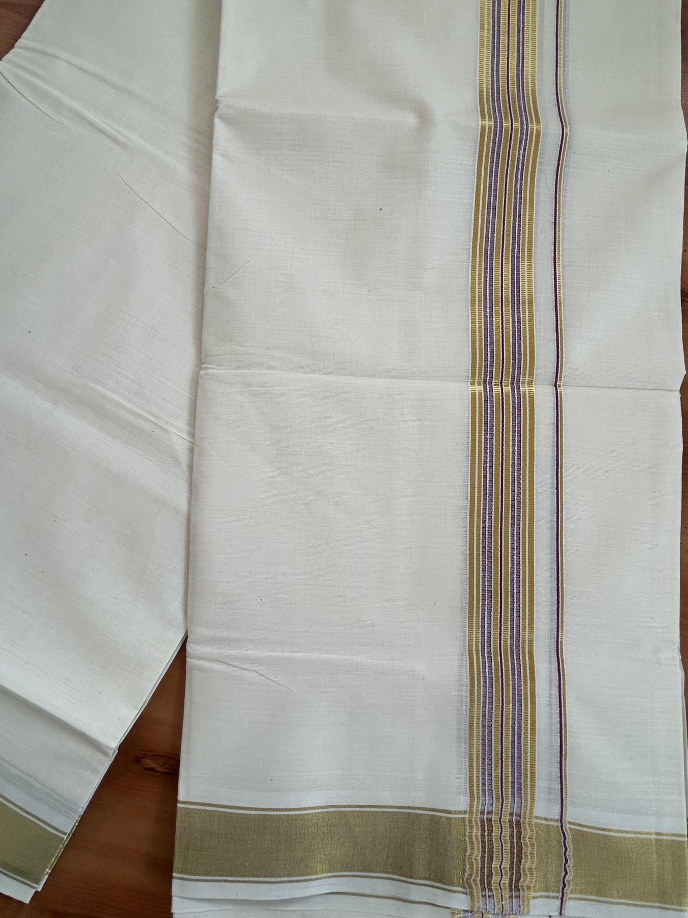 Double Off White - (Unbleached) Mundu/Dhoti - 20% Discount! KaithariKada Balaramapuram Pure Cotton - 80s - 1.5 inch Gold Kasav & Purple Wine Striped Kara - 4 mtr (8.5 Muzham) - 27 KK5416 GAN