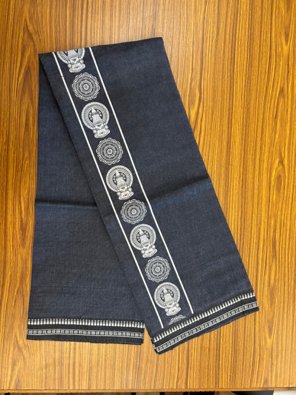 Kaitharikada - Polyster + Cotton - 20s twisted - Single Kaily / Lungi - 2.75 inch White Kadhakali Printed Kuppadam Border with Ash Blue colour body (2 meter / 4 muzham) - 66 KK8035 GAN