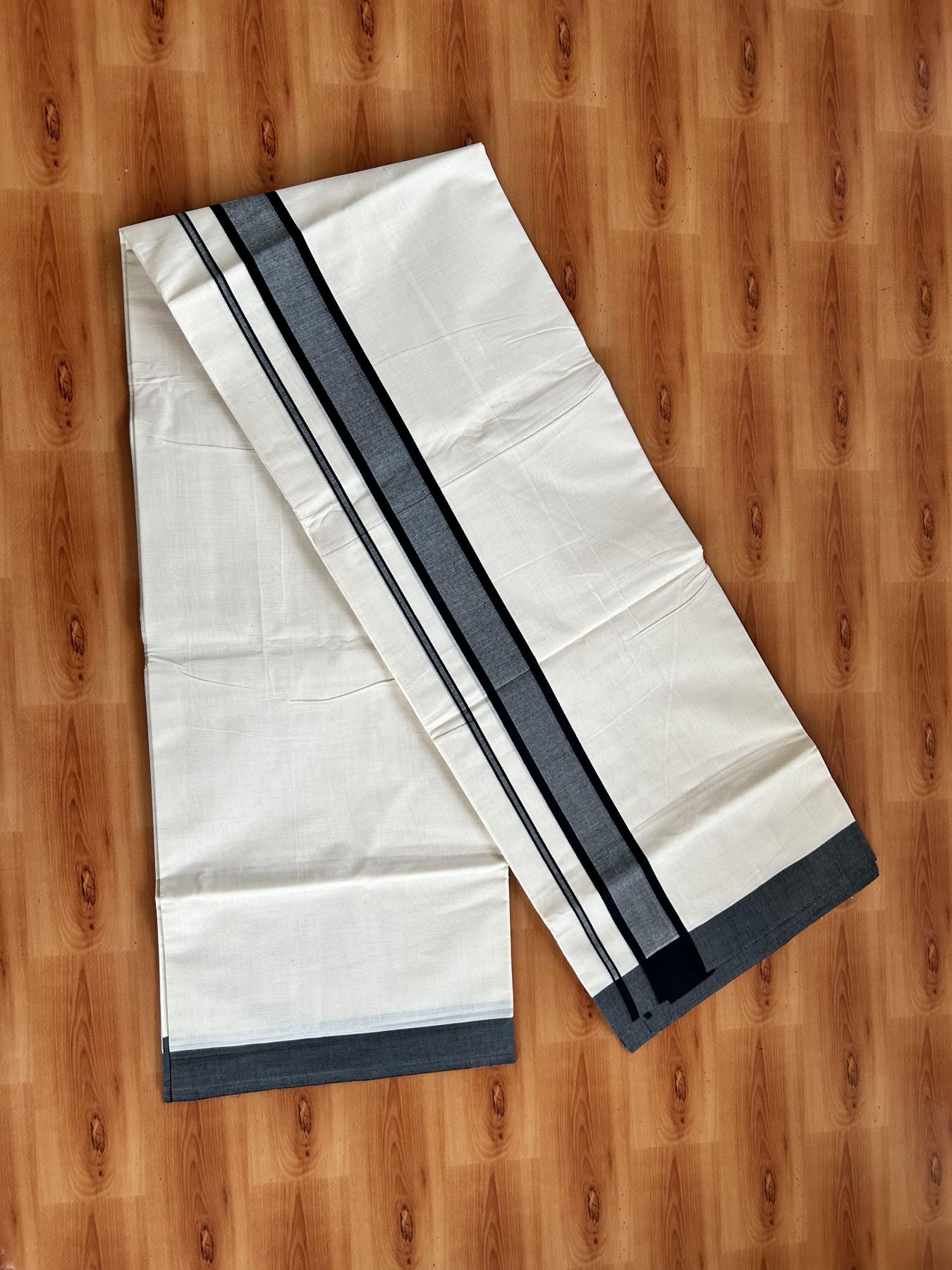 Double Off White Mundu/Dhoti- 20% Discount! KaithariKada 100% Cotton - 100X80 - 1.75 inch Black Shaded Kara 4 mtr (8.5 muzham) - 2 KK5463 PMC