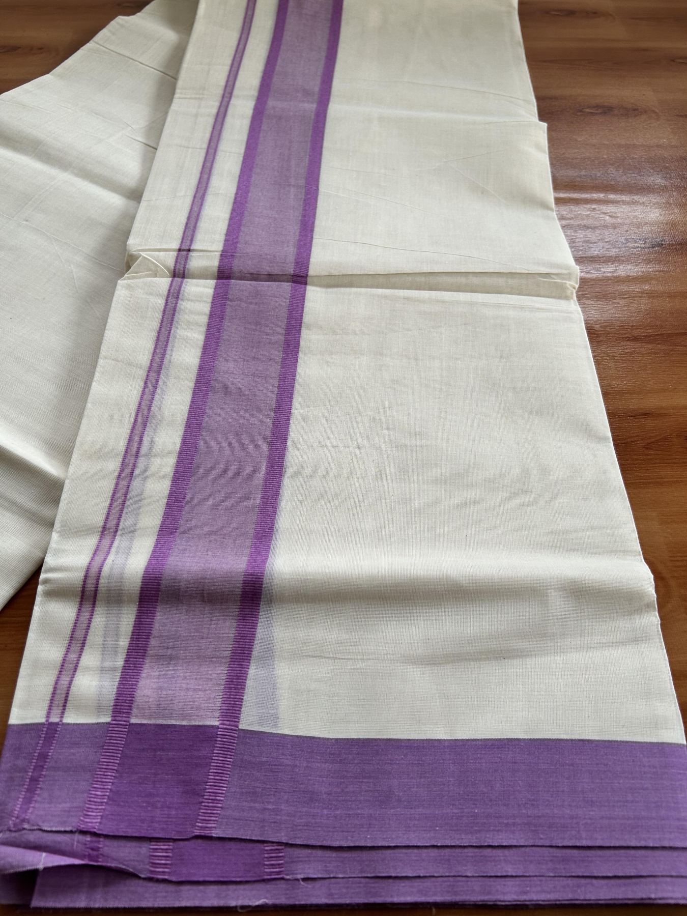 Double Off White Mundu/Dhoti- 20% Discount! KaithariKada 100% Cotton - 100X80 - 2 inch Light Purple Shaded Kara 4 mtr (8.5 muzham) - 3 KK5463 PMC
