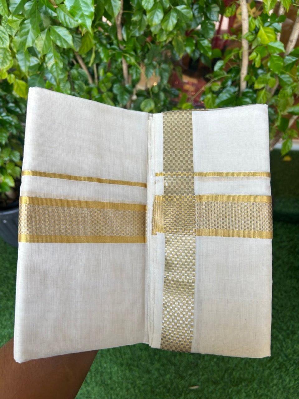 HANDLOOM Pure SILK Dhoti NEW! 25% DISCOUNT from Kaitharikada.com - BALARAMAPURAM Handloom Unakkupaav - OFF WHITE - Double Mundu/Dhoti - 100x100 - Pure cotton + Silk - 1.75 inch Gold Kasavu Designer Kara - 5KK5206 ABH