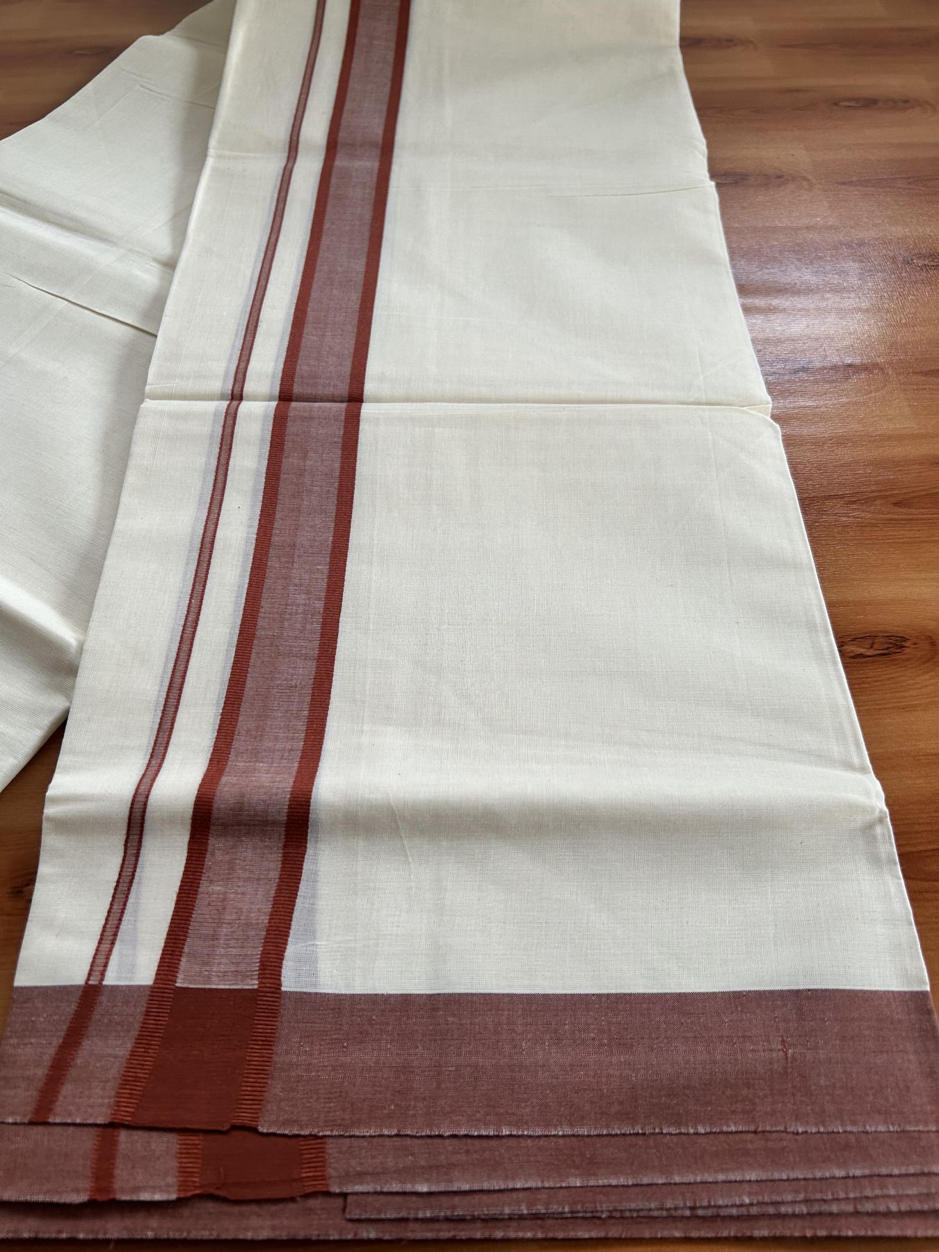 Double Off White Mundu/Dhoti- 20% Discount! KaithariKada 100% Cotton - 100X80 - 1.25 inch Brick Orange Shaded Kara 4 mtr (8.5 muzham) - 5 KK5463 PMC