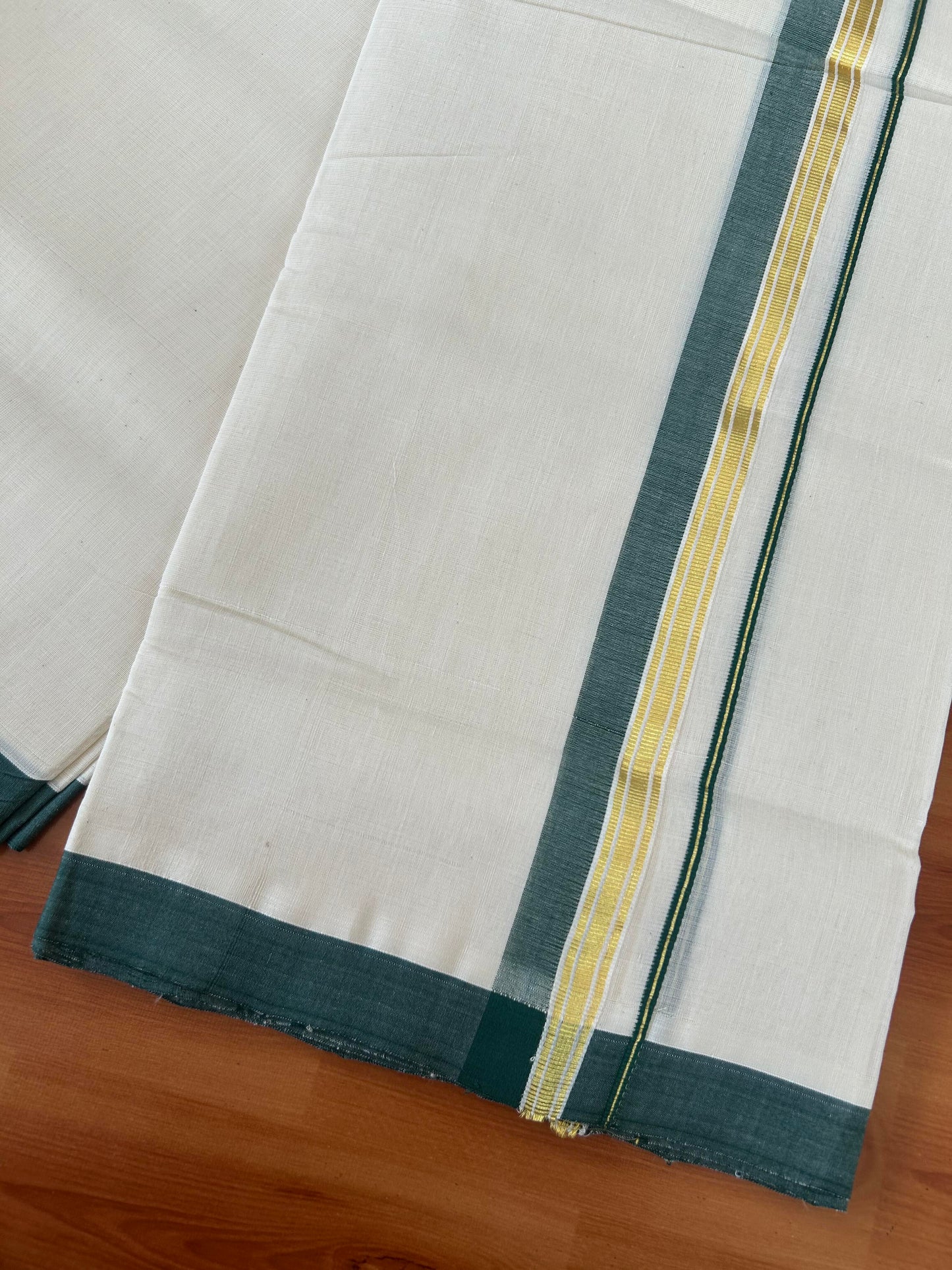 25% Discount! KaithariKada Handloom Millpaav - Kerala Handloom - Cotton Double Mundu/Dhoti Off white (Unbleached) - 80x90 - 1.25 inch Gold Kasav Dark Green Shaded Stripes Kara 4.00 meter (8.5 Muzham) - 13 KK5386 RAM