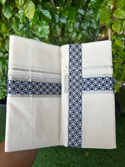 25% DISCOUNT ! KaithariKada HANDLOOM Unakkupaav Balaramapuram - 100% PURE Cotton Off White - (Unbleached) Double Mundu/Dhoti - 1.75 inch Silver Kasavu & Navy Blue Jacquard Design Kara - 8KK5206 ABH