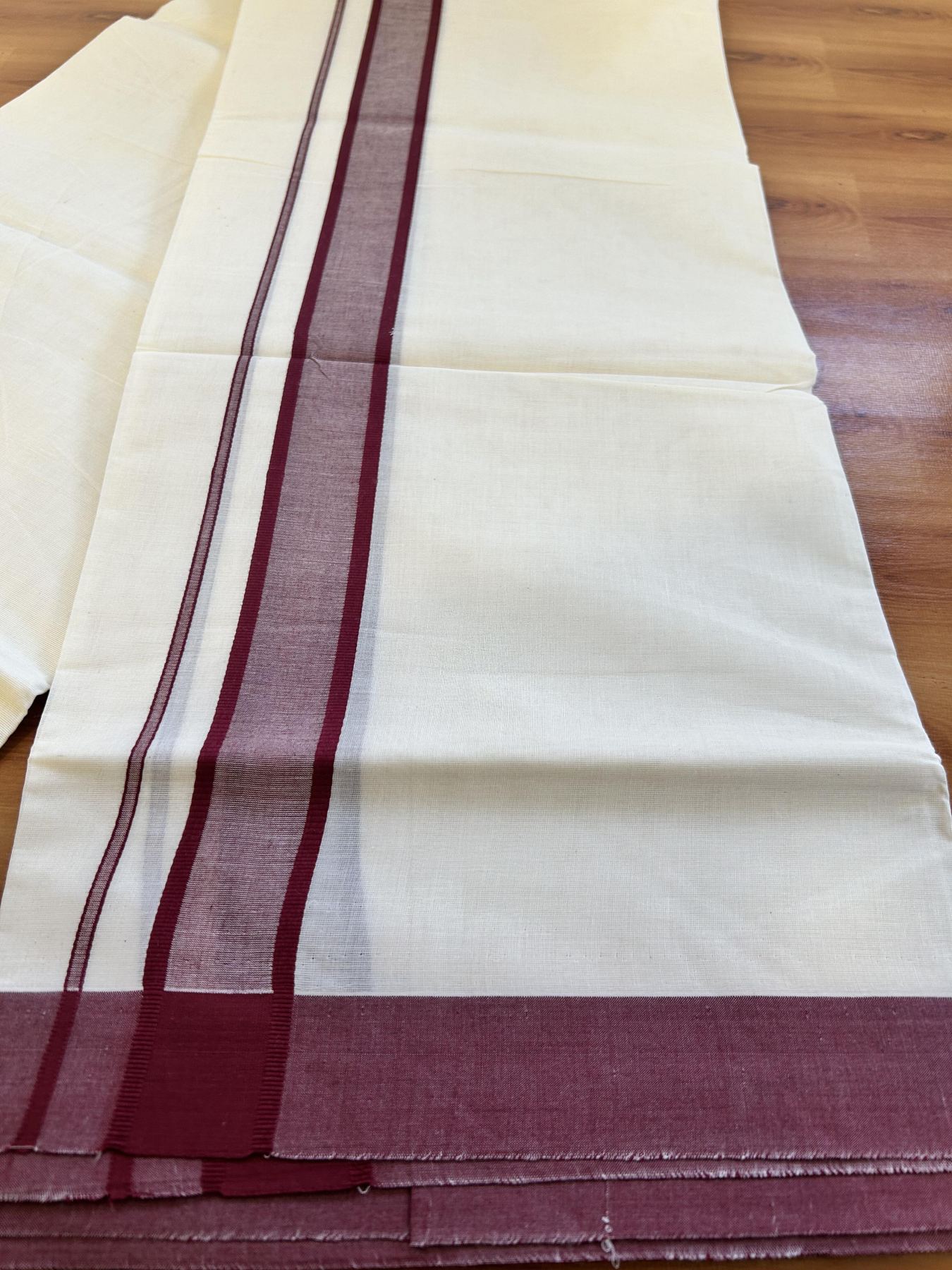 Double Off White Mundu/Dhoti- 20% Discount! KaithariKada 100% Cotton - 100X80 - 1.5 inch Maroon Shaded Kara 4 mtr (8.5 muzham) - 7 KK5463 PMC