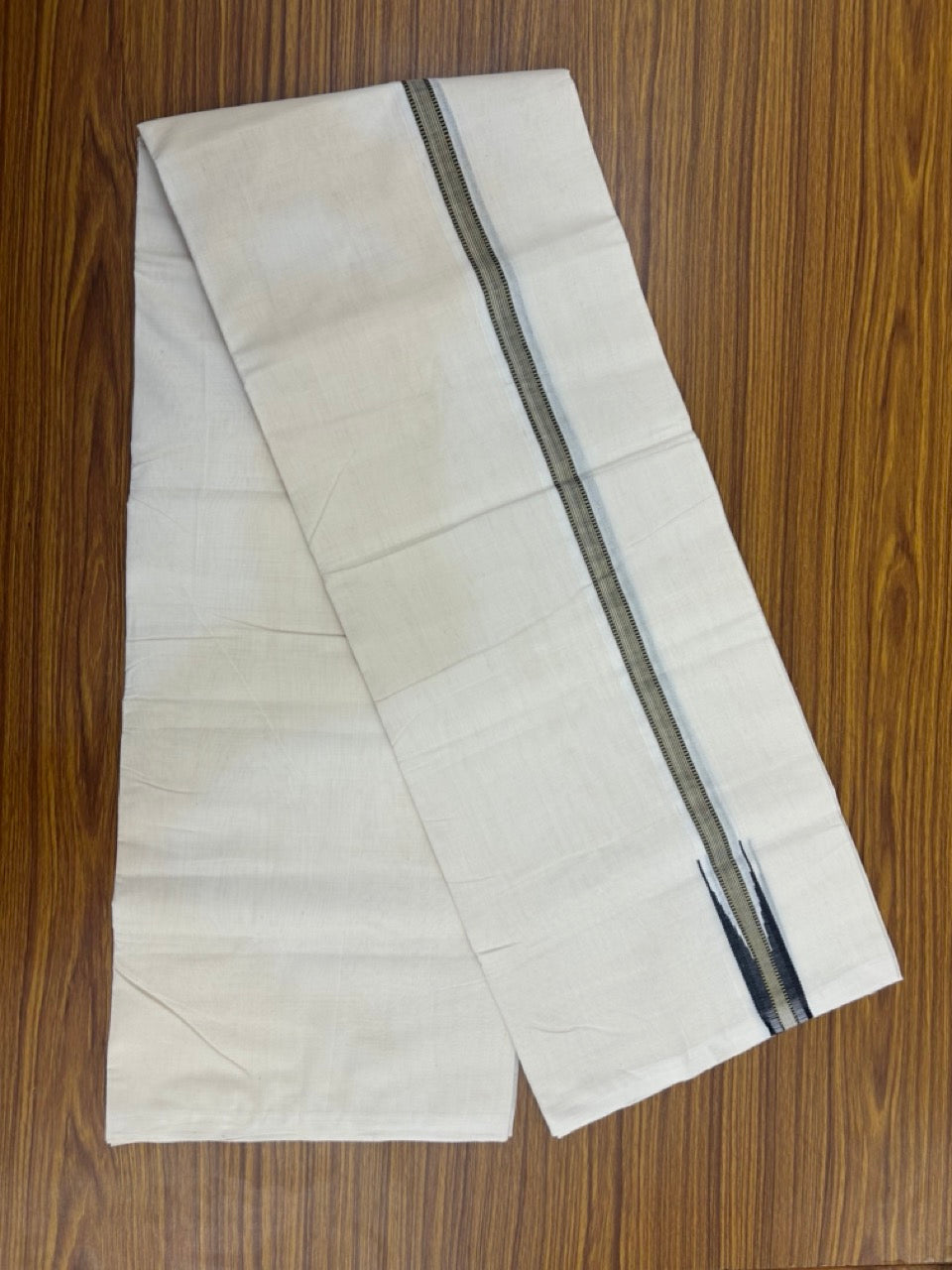 25% Discount ! KaithariKada Handloom Millpaav Balaramapuram - 100% Pure Cotton Off White Double - (Unbleached) Mundu/Dothi - 80X90 - 1 inch Puliyilakkara Gold Kasav & Black Stripes chutty Kara 4 mtr (8.5 Muzham) - 131 KK5236 RAM