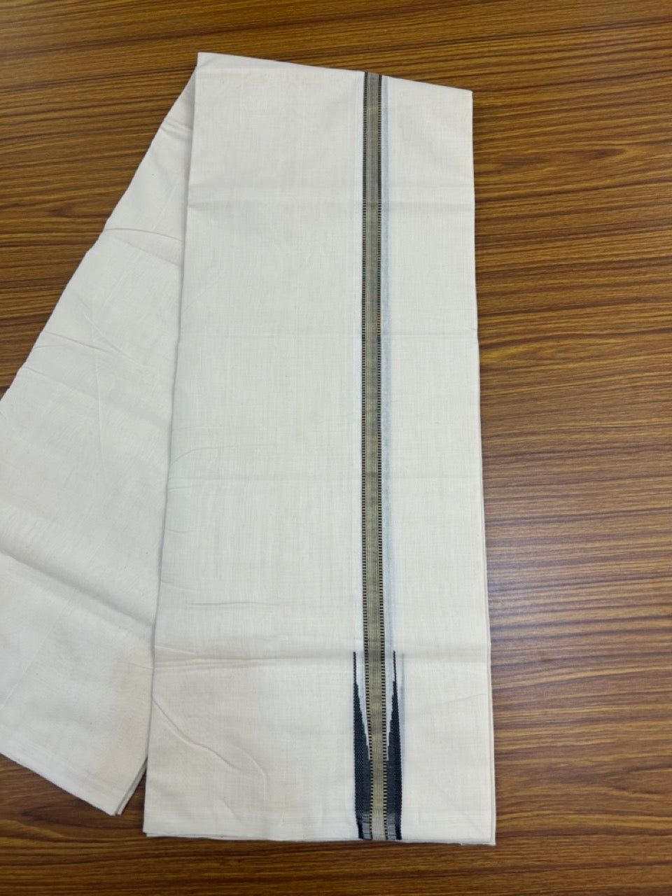 25% Discount ! KaithariKada Handloom Millpaav Balaramapuram - 100% Pure Cotton Off White Double - (Unbleached) Mundu/Dothi - 80X90 - 1 inch Puliyilakkara Gold Kasav & Black Stripes chutty Kara 4 mtr (8.5 Muzham) - 131 KK5236 RAM