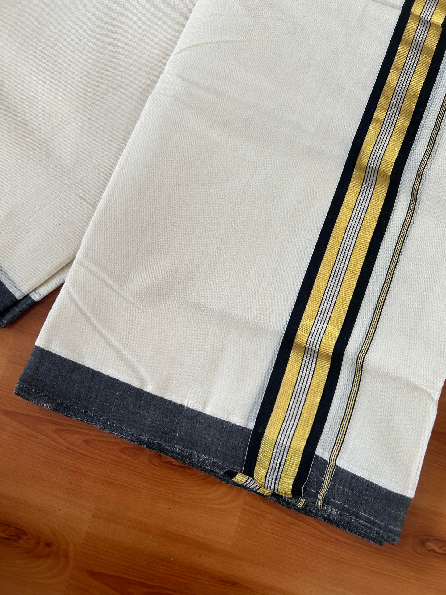 25% Discount! KaithariKada Handloom Millpaav - Kerala Handloom - Cotton Double Mundu/Dhoti Off white (Unbleached) - 80x90 - 1.75 inch Gold & Silver Kasav Black Stripes Kara 4.00 meter (8.5 Muzham) - 11 KK5386 RAM