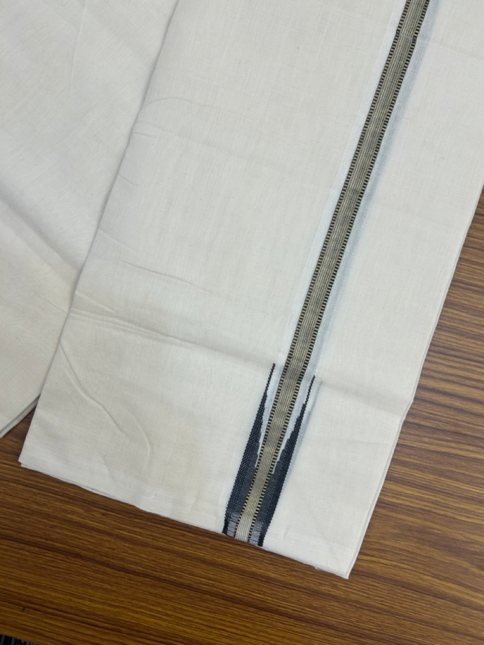 25% Discount ! KaithariKada Handloom Millpaav Balaramapuram - 100% Pure Cotton Off White Double - (Unbleached) Mundu/Dothi - 80X90 - 1 inch Puliyilakkara Gold Kasav & Black Stripes chutty Kara 4 mtr (8.5 Muzham) - 131 KK5236 RAM
