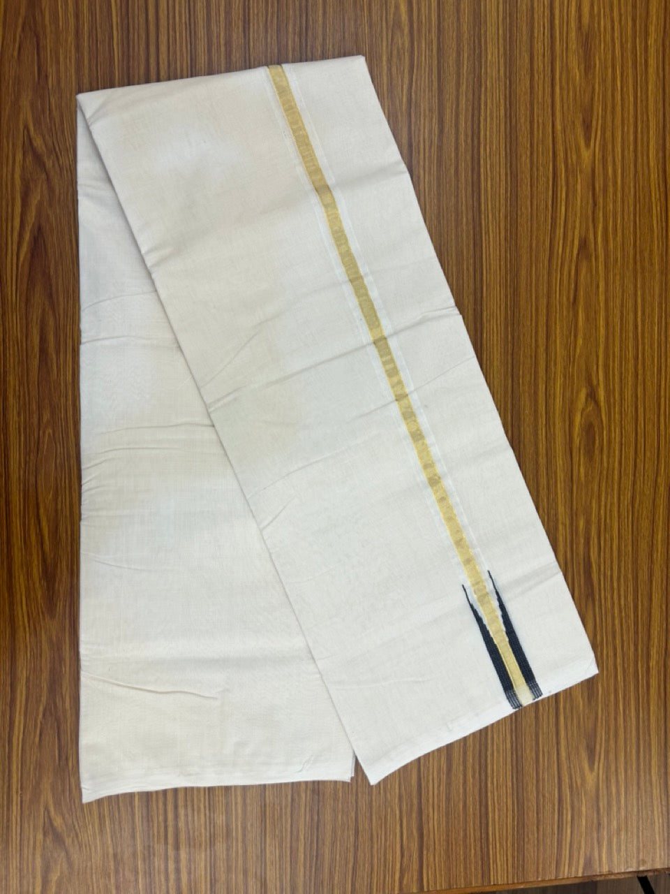 25% Discount ! KaithariKada Handloom Millpaav Balaramapuram - 100% Pure Cotton Off White Double - (Unbleached) Mundu/Dothi - 80X90 - 1 inch Puliyilakkara Gold Kasav & Black chutty Kara 4 mtr (8.5 Muzham) - 129 KK5236 RAM