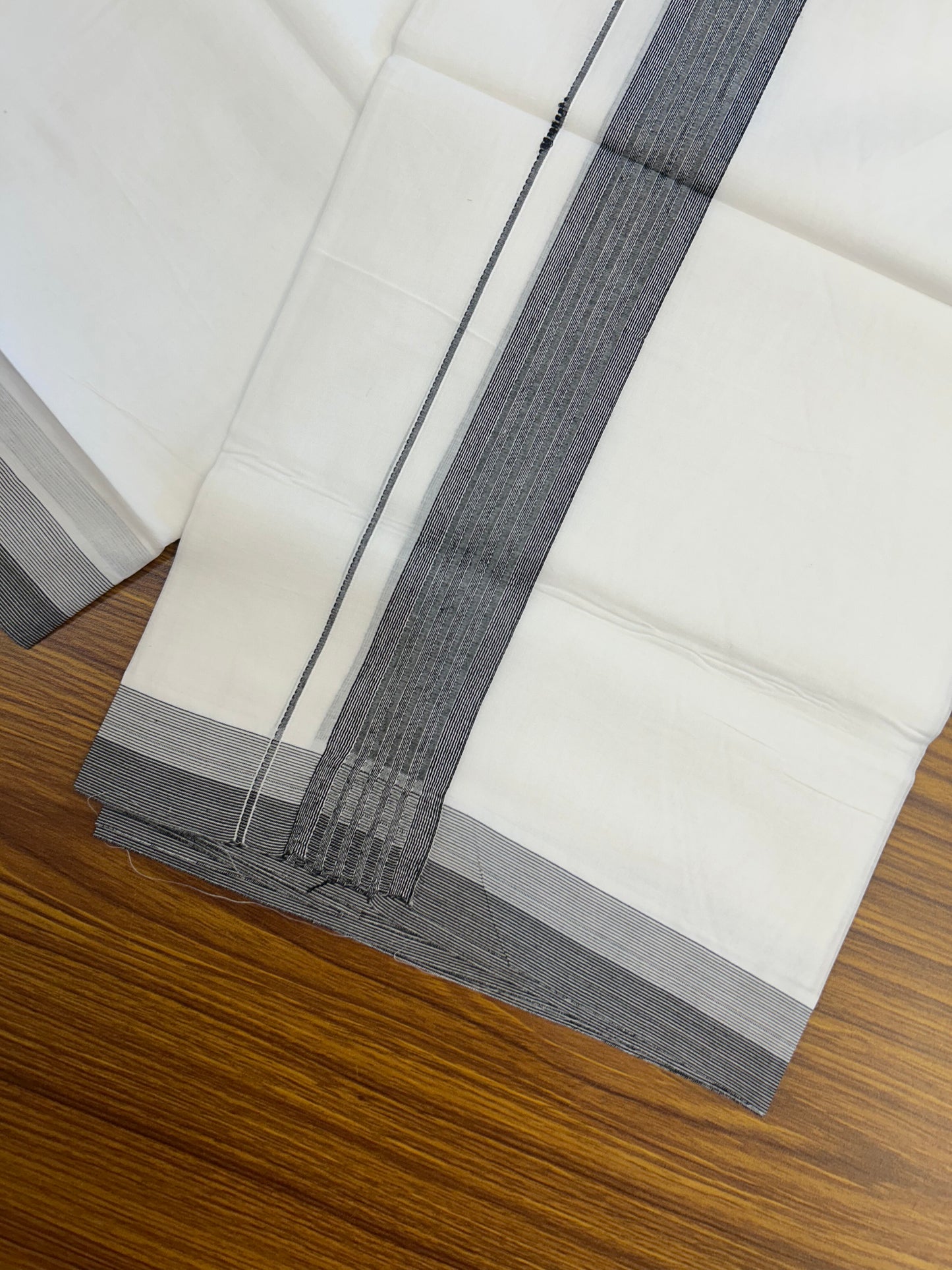 20% Discount ! Kaitharikada Balaramapuram 100% Cotton Pure White Double Mundu/Dothi - 100x100 - 1.5 inch Black Striped Kara -57 KK5371 GAN