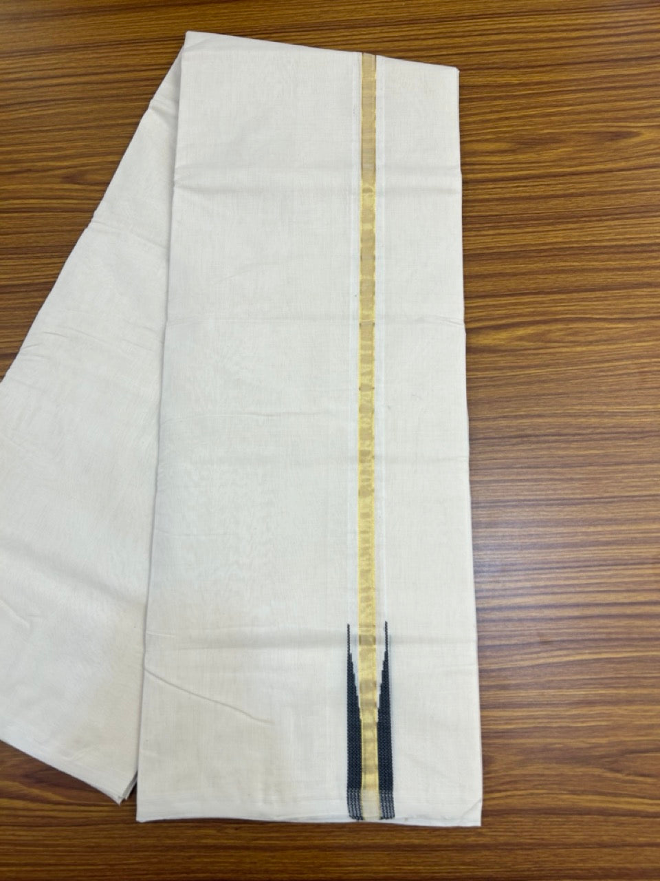 25% Discount ! KaithariKada Handloom Millpaav Balaramapuram - 100% Pure Cotton Off White Double - (Unbleached) Mundu/Dothi - 80X90 - 1 inch Puliyilakkara Gold Kasav & Black chutty Kara 4 mtr (8.5 Muzham) - 129 KK5236 RAM