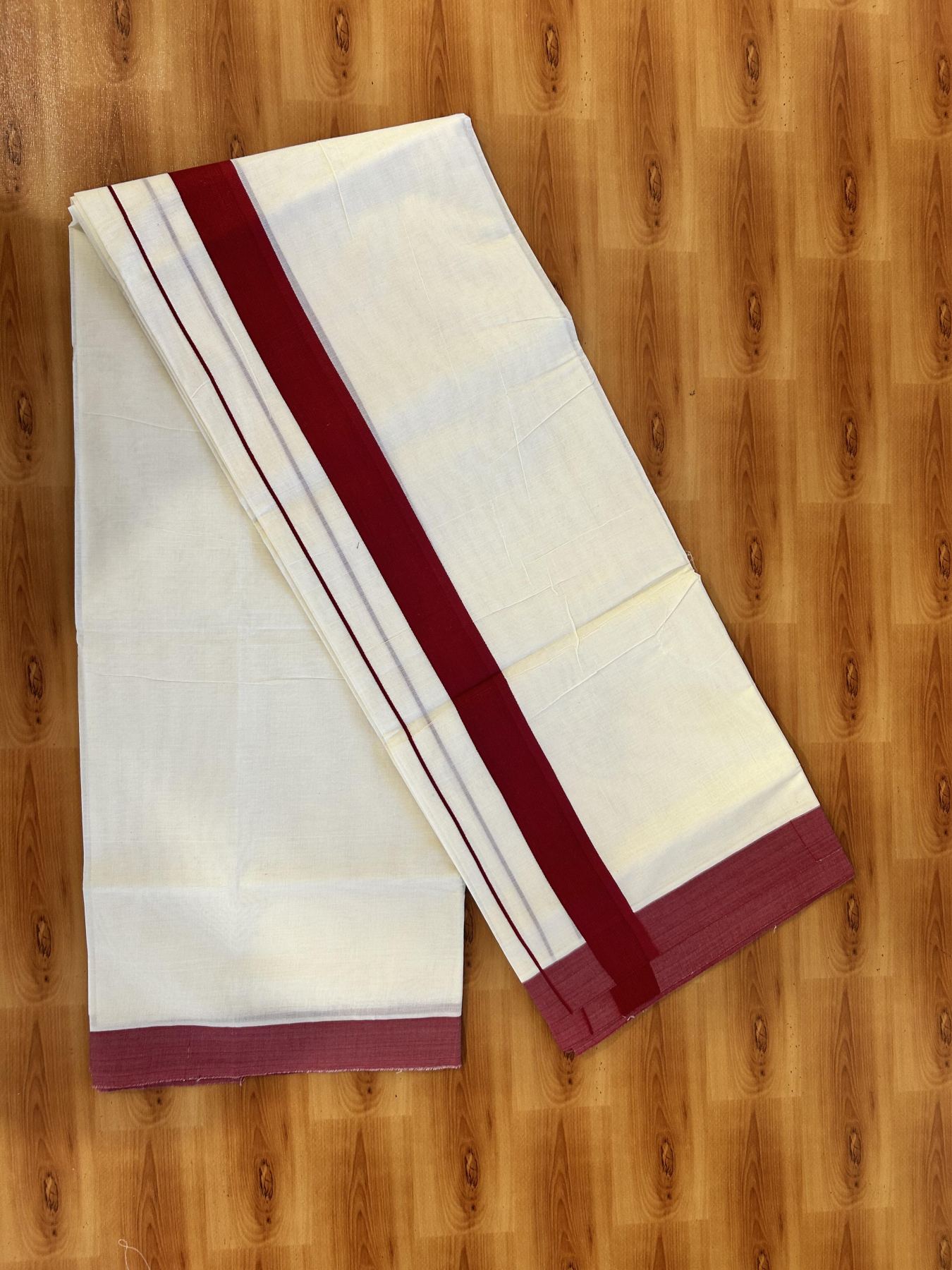 Double Off White Mundu/Dhoti- 20% Discount! KaithariKada 100% Cotton - 100X80 - 1.5 inch Maroon Red Kara 4 mtr (8.5 muzham) - 10 KK5463 PMC