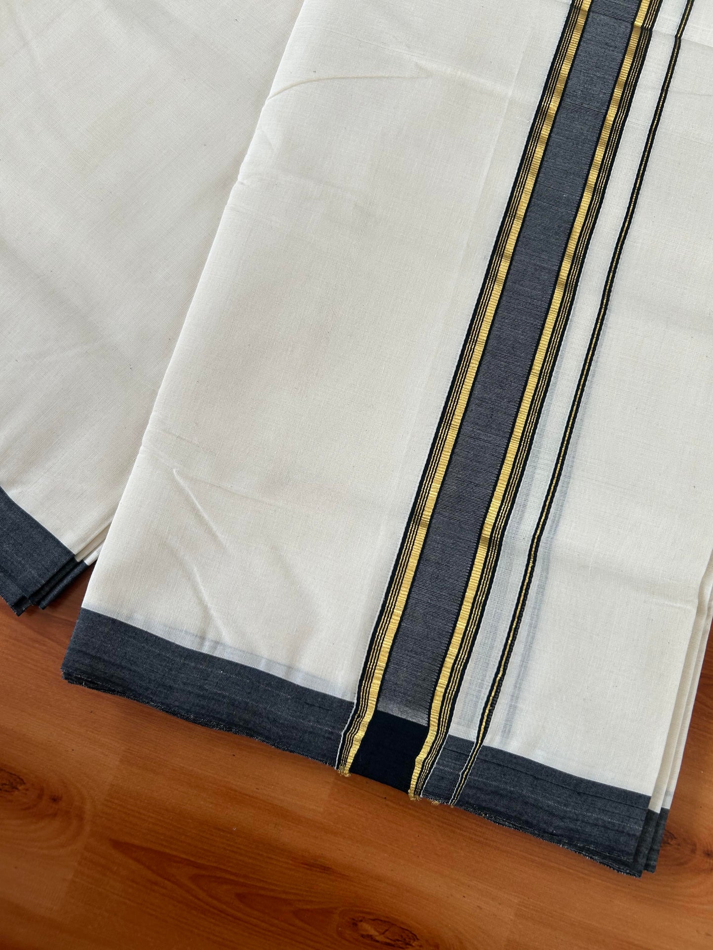 25% Discount! KaithariKada Handloom Millpaav - Kerala Handloom - Cotton Double Mundu/Dhoti Off white (Unbleached) - 80x90 - 1.75 inch Gold Kasav Black Stripes Kara 4.00 meter (8.5 Muzham) - 17 KK5386 RAM