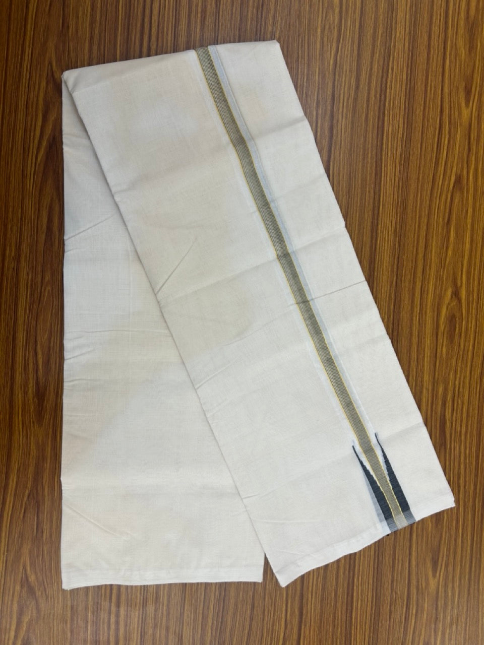 25% Discount ! KaithariKada Handloom Millpaav Balaramapuram - 100% Pure Cotton Off White Double - (Unbleached) Mundu/Dothi - 80X90 - 1.25 inch Puliyilakkara Black & Gold Kasavu Stripes chutty Kara 4 mtr (8.5 Muzham) - 122 KK5236 RAM