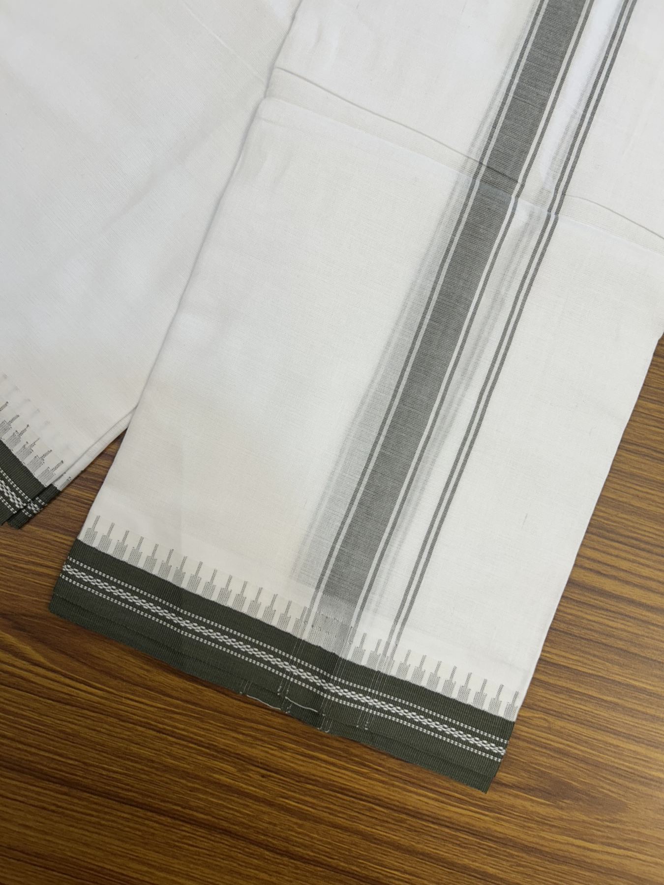 Premium Kathar Type Mercerised Pure Cotton Single Mundu Kaitharikada Special - Kaily / Lungi - 60s - 1 inch Grey Green Striped kara White Body Kuppadam Border (2 meter / 4 muzham) - 2 KK5316 MR