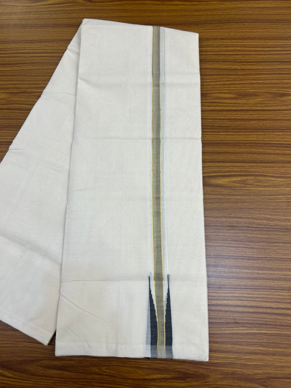 25% Discount ! KaithariKada Handloom Millpaav Balaramapuram - 100% Pure Cotton Off White Double - (Unbleached) Mundu/Dothi - 80X90 - 1.25 inch Puliyilakkara Black & Gold Kasavu Stripes chutty Kara 4 mtr (8.5 Muzham) - 122 KK5236 RAM