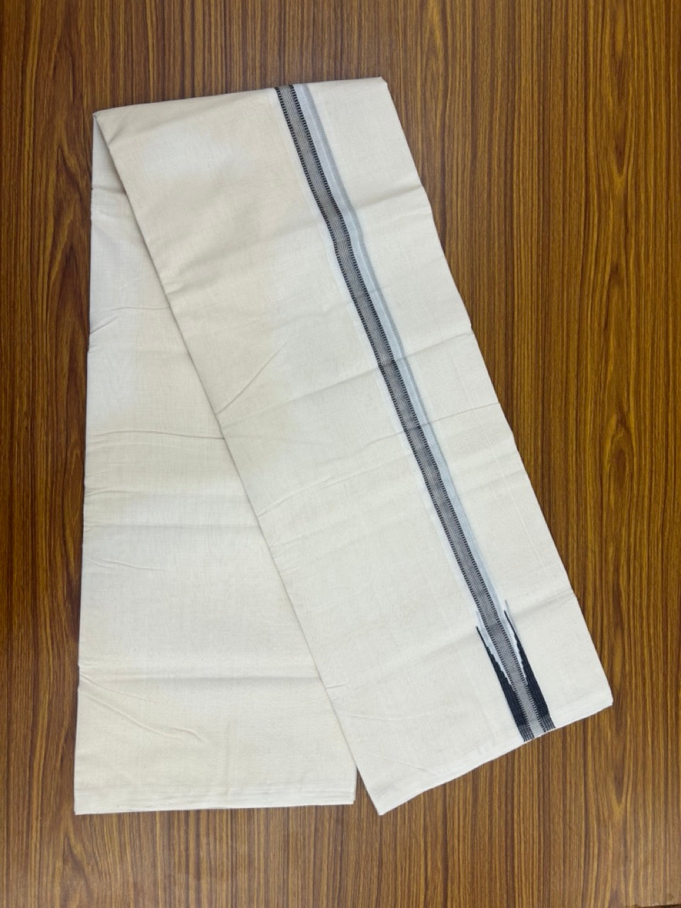 25% Discount ! KaithariKada Handloom Millpaav Balaramapuram - 100% Pure Cotton Off White Double - (Unbleached) Mundu/Dothi - 80X90 - 1 inch Puliyilakkara Silver Kasav & Black Stripes chutty Kara 4 mtr (8.5 Muzham) - 132 KK5236 RAM