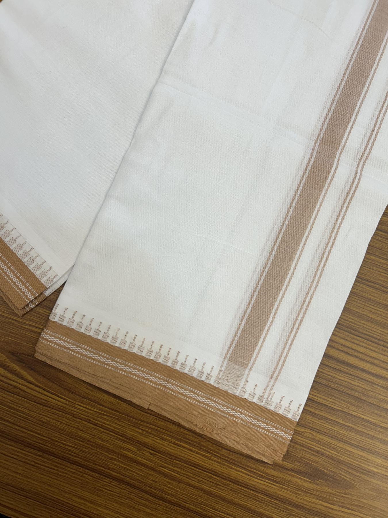 Premium Kathar Type Mercerised Pure Cotton Single Mundu Kaitharikada Special - Kaily / Lungi - 60s - 1 inch Peach Brown Striped kara White Body Kuppadam Border (2 meter / 4 muzham) - 8 KK5316 MR