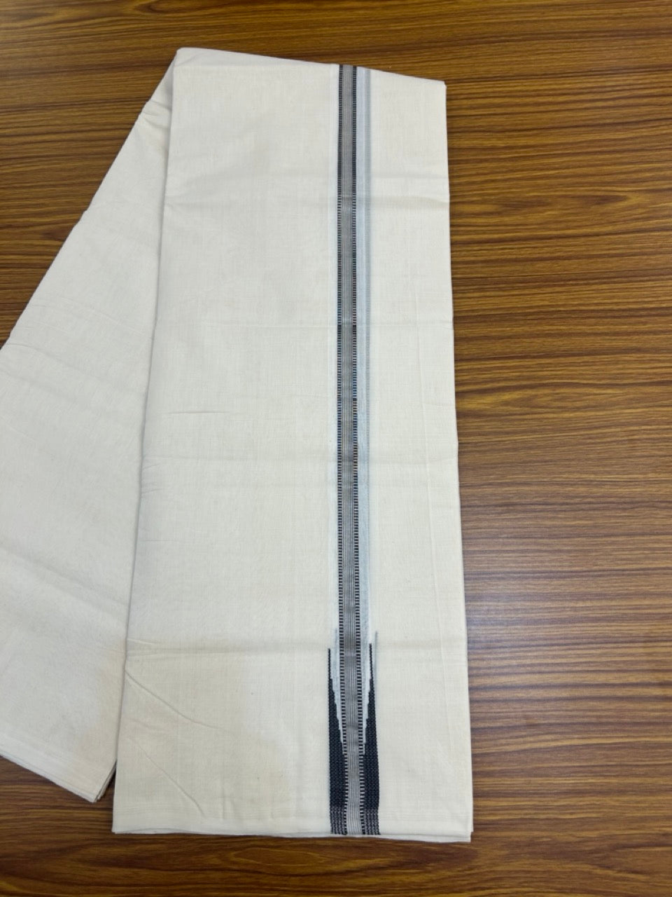 25% Discount ! KaithariKada Handloom Millpaav Balaramapuram - 100% Pure Cotton Off White Double - (Unbleached) Mundu/Dothi - 80X90 - 1 inch Puliyilakkara Silver Kasav & Black Stripes chutty Kara 4 mtr (8.5 Muzham) - 132 KK5236 RAM