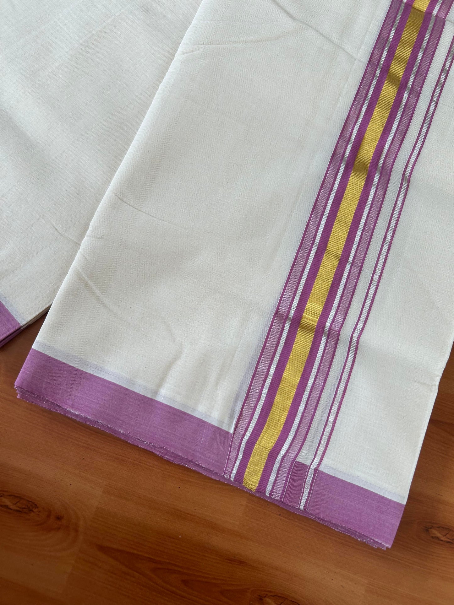 25% Discount! KaithariKada Handloom Millpaav - Kerala Handloom - Cotton Double Mundu/Dhoti Off white (Unbleached) - 80x90 - 1.75 inch Gold & Silver Kasav Deep Magenta Stripes Kara 4.00 meter (8.5 Muzham) - 3 KK5386 RAM