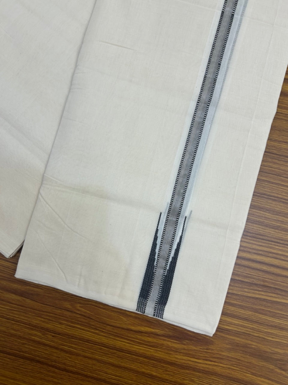 25% Discount ! KaithariKada Handloom Millpaav Balaramapuram - 100% Pure Cotton Off White Double - (Unbleached) Mundu/Dothi - 80X90 - 1 inch Puliyilakkara Silver Kasav & Black Stripes chutty Kara 4 mtr (8.5 Muzham) - 132 KK5236 RAM
