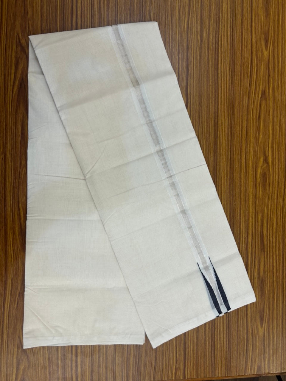 25% Discount ! KaithariKada Handloom Millpaav Balaramapuram - 100% Pure Cotton Off White Double - (Unbleached) Mundu/Dothi - 80X90 - 1 inch Puliyilakkara Silver Kasavu & Black chutty Kara 4 mtr (8.5 Muzham) - 125 KK5236 RAM