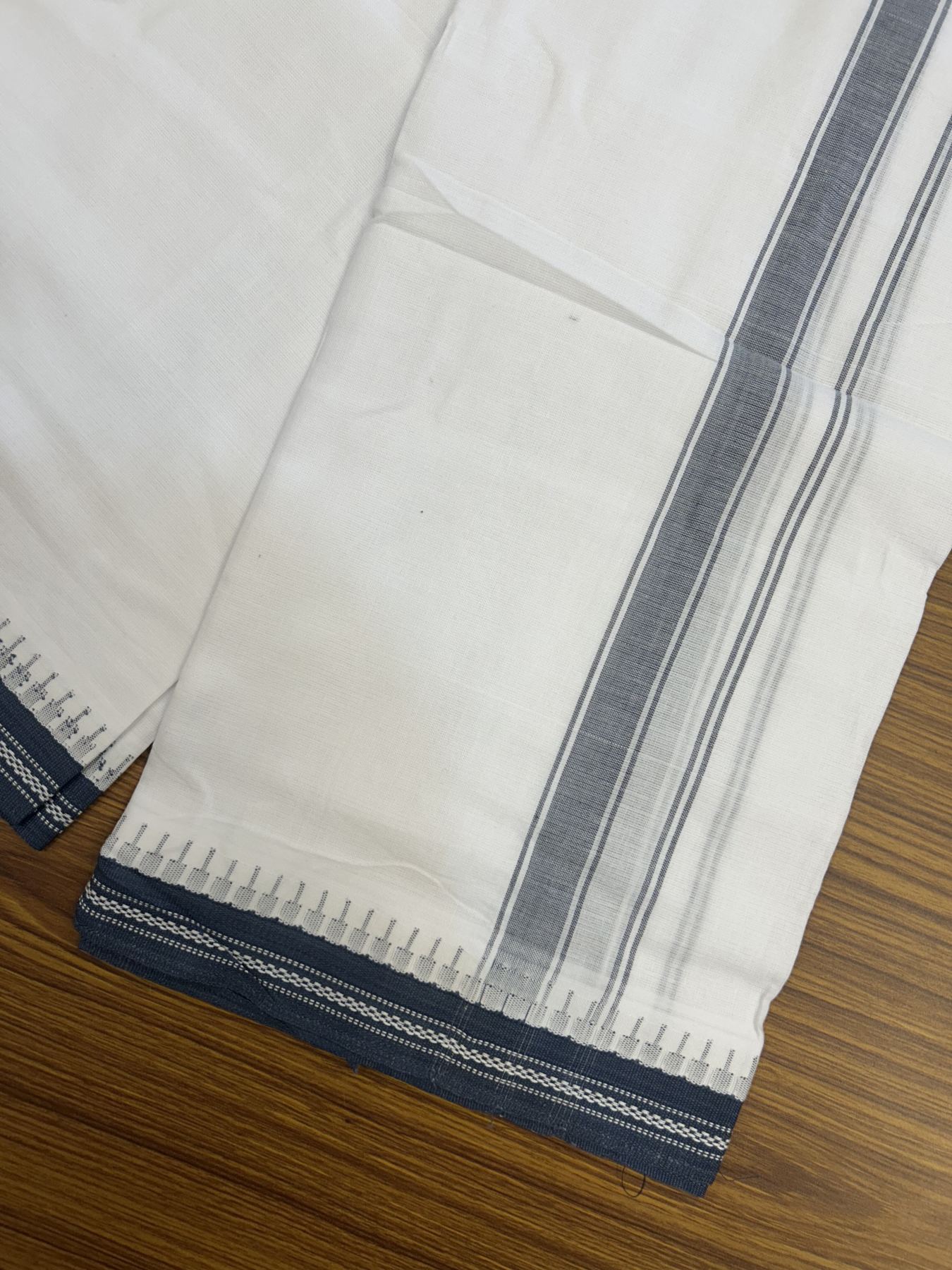 Premium Kathar Type Mercerised Pure Cotton Single Mundu Kaitharikada Special - Kaily / Lungi - 60s - 1 inch Ash Blue Striped kara White Body Kuppadam Border (2 meter / 4 muzham) - 9 KK5316 MR