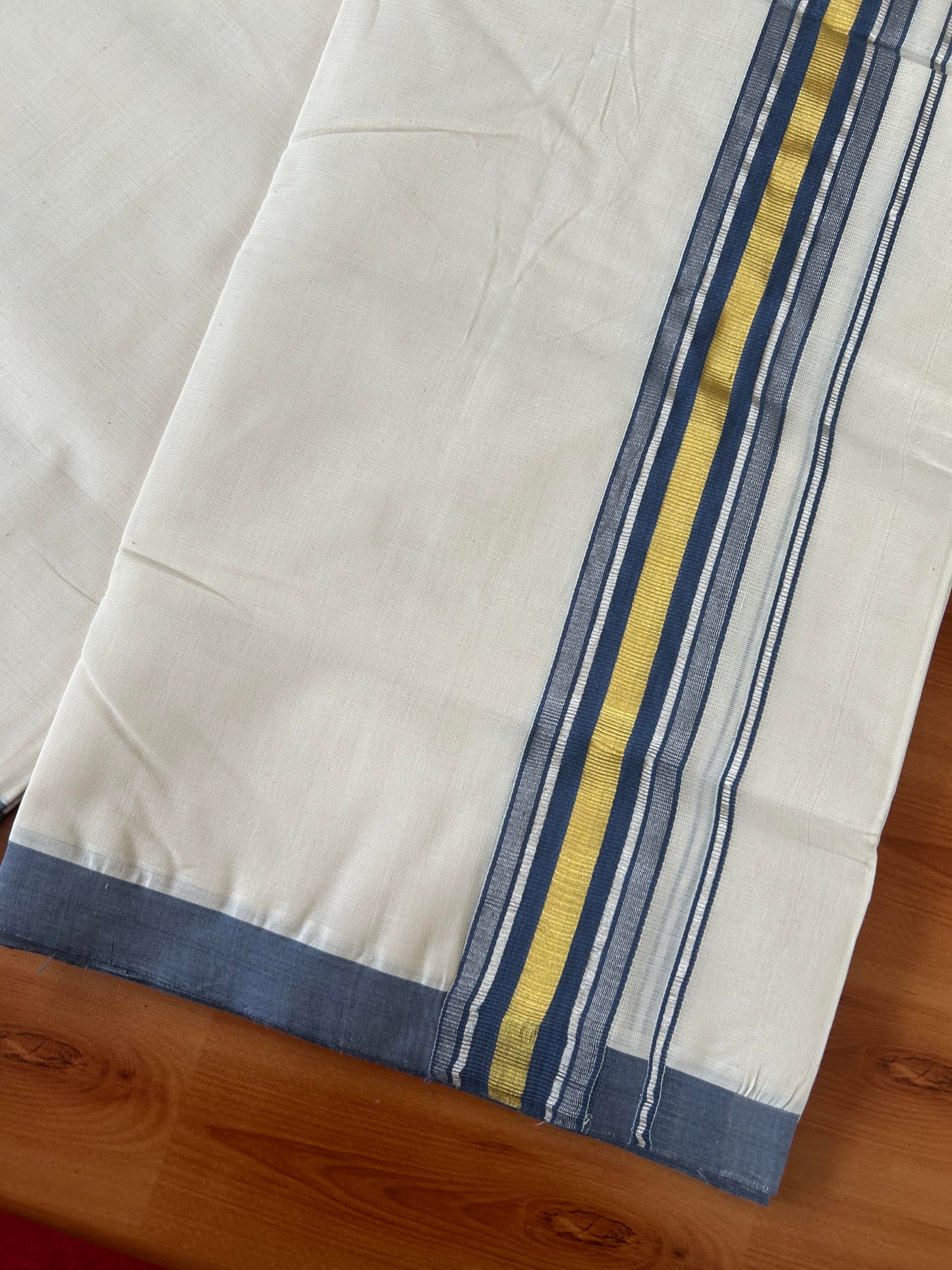 25% Discount! KaithariKada Handloom Millpaav - Kerala Handloom - Cotton Double Mundu/Dhoti Off white (Unbleached) - 80x90 - 1.75 inch Gold & Silver Kasav Ash Blue Stripes Kara 4.00 meter (8.5 Muzham) - 9 KK5386 RAM
