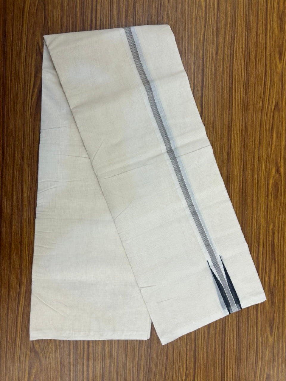 25% Discount ! KaithariKada Handloom Millpaav Balaramapuram - 100% Pure Cotton Off White Double - (Unbleached) Mundu/Dothi - 80X90 - 1 inch Puliyilakkara Silver Kasav & Black Stripes chutty Kara 4 mtr (8.5 Muzham) - 136 KK5236 RAM