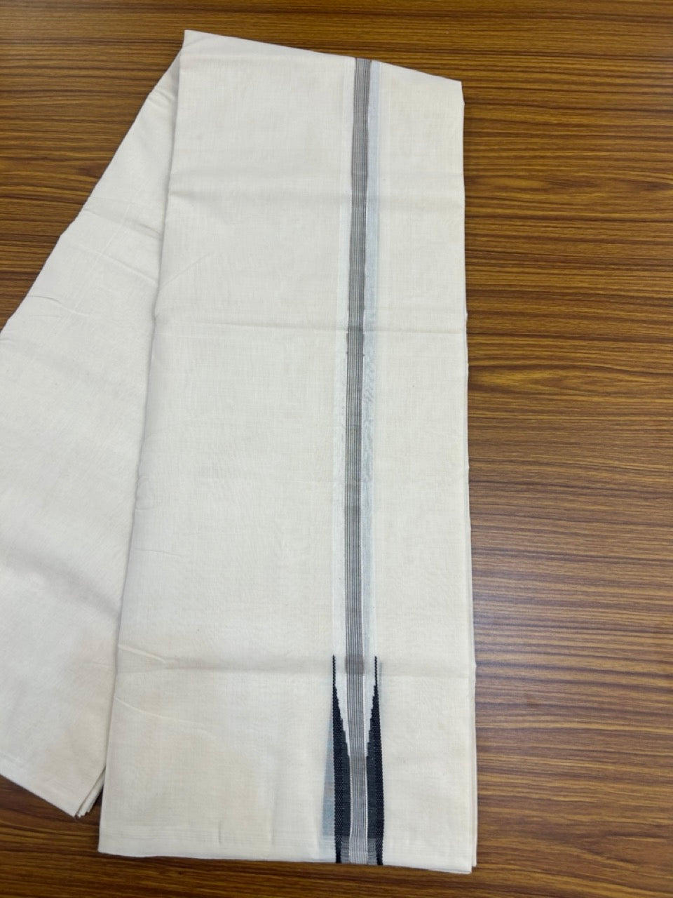25% Discount ! KaithariKada Handloom Millpaav Balaramapuram - 100% Pure Cotton Off White Double - (Unbleached) Mundu/Dothi - 80X90 - 1 inch Puliyilakkara Silver Kasav & Black Stripes chutty Kara 4 mtr (8.5 Muzham) - 136 KK5236 RAM