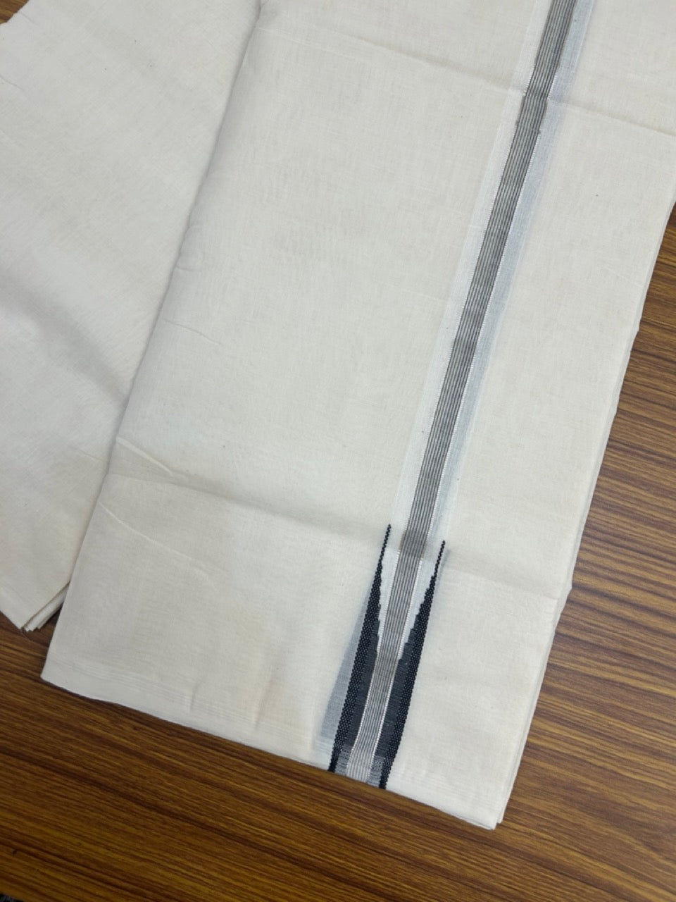 25% Discount ! KaithariKada Handloom Millpaav Balaramapuram - 100% Pure Cotton Off White Double - (Unbleached) Mundu/Dothi - 80X90 - 1 inch Puliyilakkara Silver Kasav & Black Stripes chutty Kara 4 mtr (8.5 Muzham) - 136 KK5236 RAM