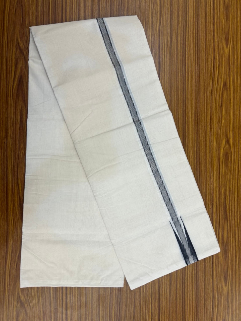 25% Discount ! KaithariKada Handloom Millpaav Balaramapuram - 100% Pure Cotton Off White Double - (Unbleached) Mundu/Dothi - 80X90 - 1 inch Puliyilakkara Silver Kasav & Black Stripes chutty Kara 4 mtr (8.5 Muzham) - 133 KK5236 RAM