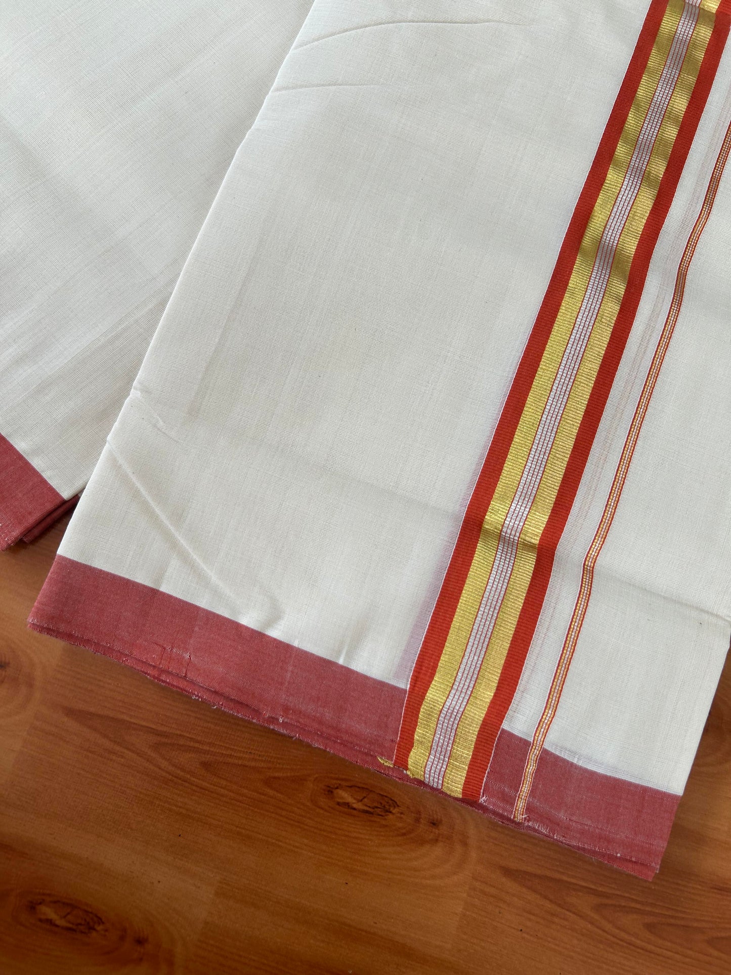 25% Discount! KaithariKada Handloom Millpaav - Kerala Handloom - Cotton Double Mundu/Dhoti Off white (Unbleached) - 80x90 - 1.5 inch Gold & Silver Kasav Burned Orange Stripes Kara 4.00 meter (8.5 Muzham) - 4 KK5386 RAM
