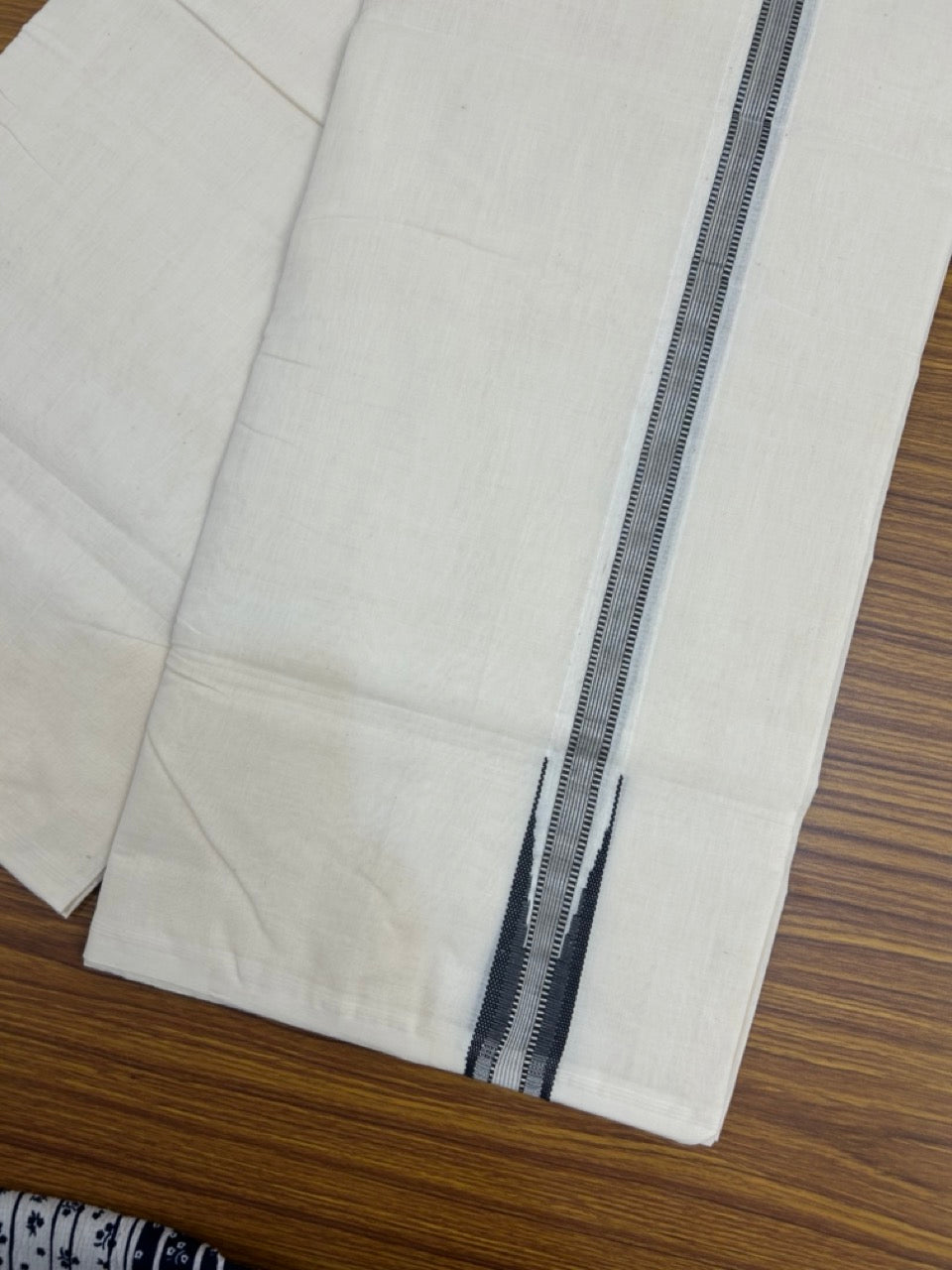25% Discount ! KaithariKada Handloom Millpaav Balaramapuram - 100% Pure Cotton Off White Double - (Unbleached) Mundu/Dothi - 80X90 - 1 inch Puliyilakkara Silver Kasav & Black Stripes chutty Kara 4 mtr (8.5 Muzham) - 133 KK5236 RAM