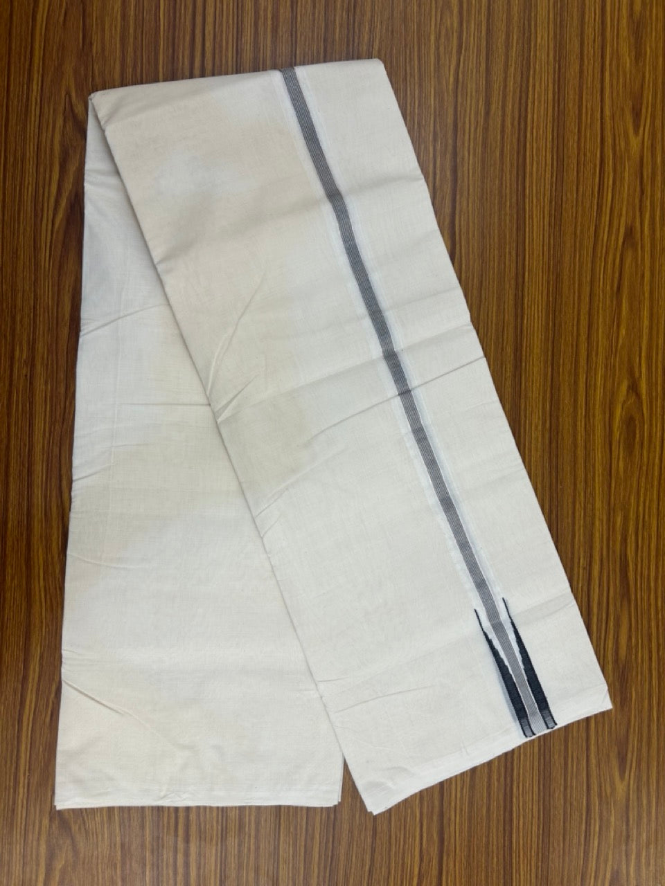 25% Discount ! KaithariKada Handloom Millpaav Balaramapuram - 100% Pure Cotton Off White Double - (Unbleached) Mundu/Dothi - 80X90 - 1 inch Puliyilakkara Silver Kasav & Black Stripes chutty Kara 4 mtr (8.5 Muzham) - 137 KK5236 RAM