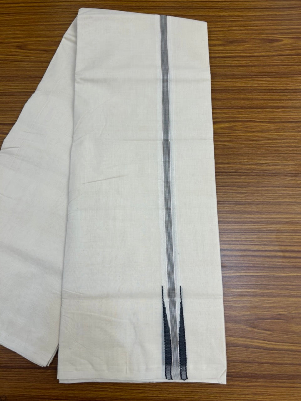 25% Discount ! KaithariKada Handloom Millpaav Balaramapuram - 100% Pure Cotton Off White Double - (Unbleached) Mundu/Dothi - 80X90 - 1 inch Puliyilakkara Silver Kasav & Black Stripes chutty Kara 4 mtr (8.5 Muzham) - 137 KK5236 RAM