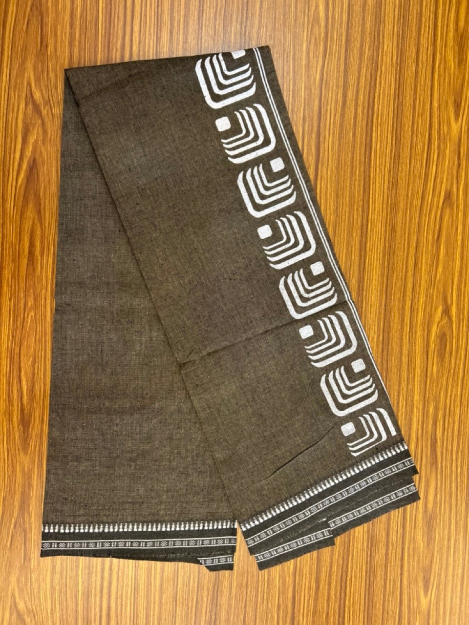 Kaitharikada - Polyster + Cotton - 20s twisted - Single Kaily / Lungi - 2.5 inch White Printed Kuppadam Border with Sage Brown colour body (2 meter / 4 muzham) - 81 KK8035 GAN