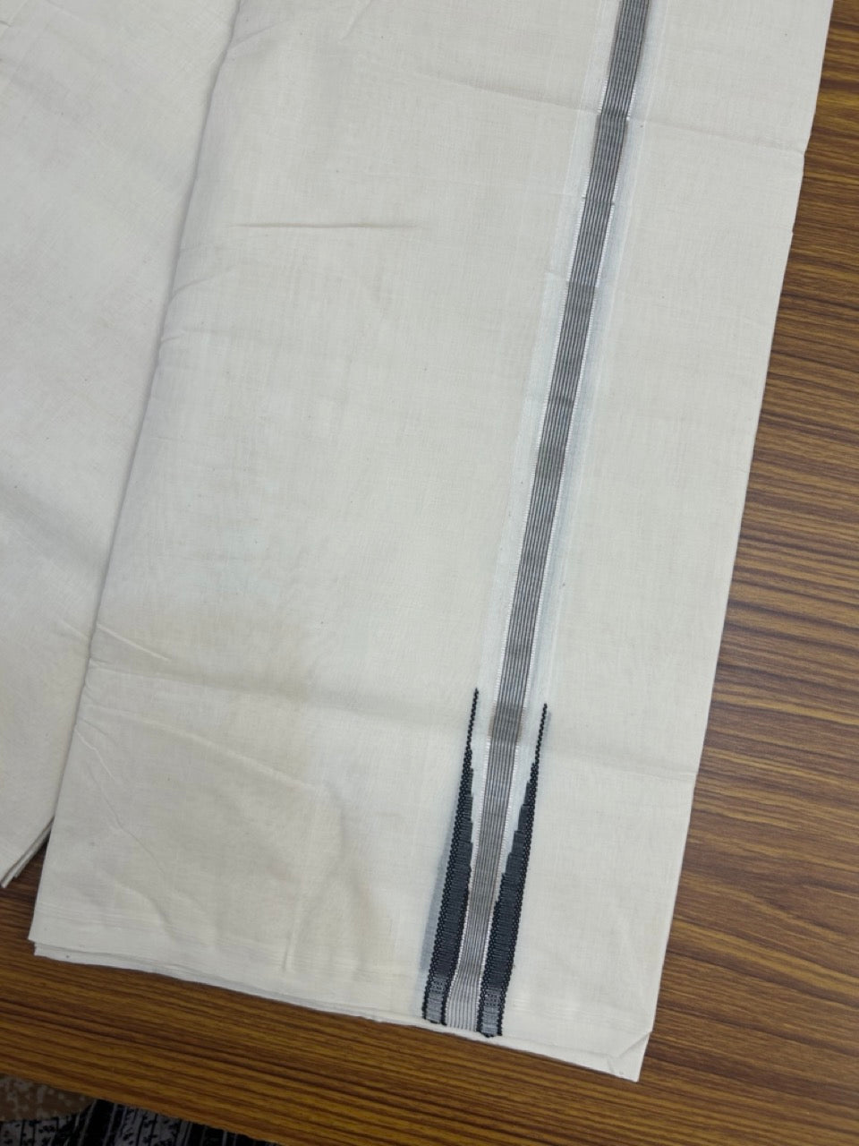 25% Discount ! KaithariKada Handloom Millpaav Balaramapuram - 100% Pure Cotton Off White Double - (Unbleached) Mundu/Dothi - 80X90 - 1 inch Puliyilakkara Silver Kasav & Black Stripes chutty Kara 4 mtr (8.5 Muzham) - 137 KK5236 RAM