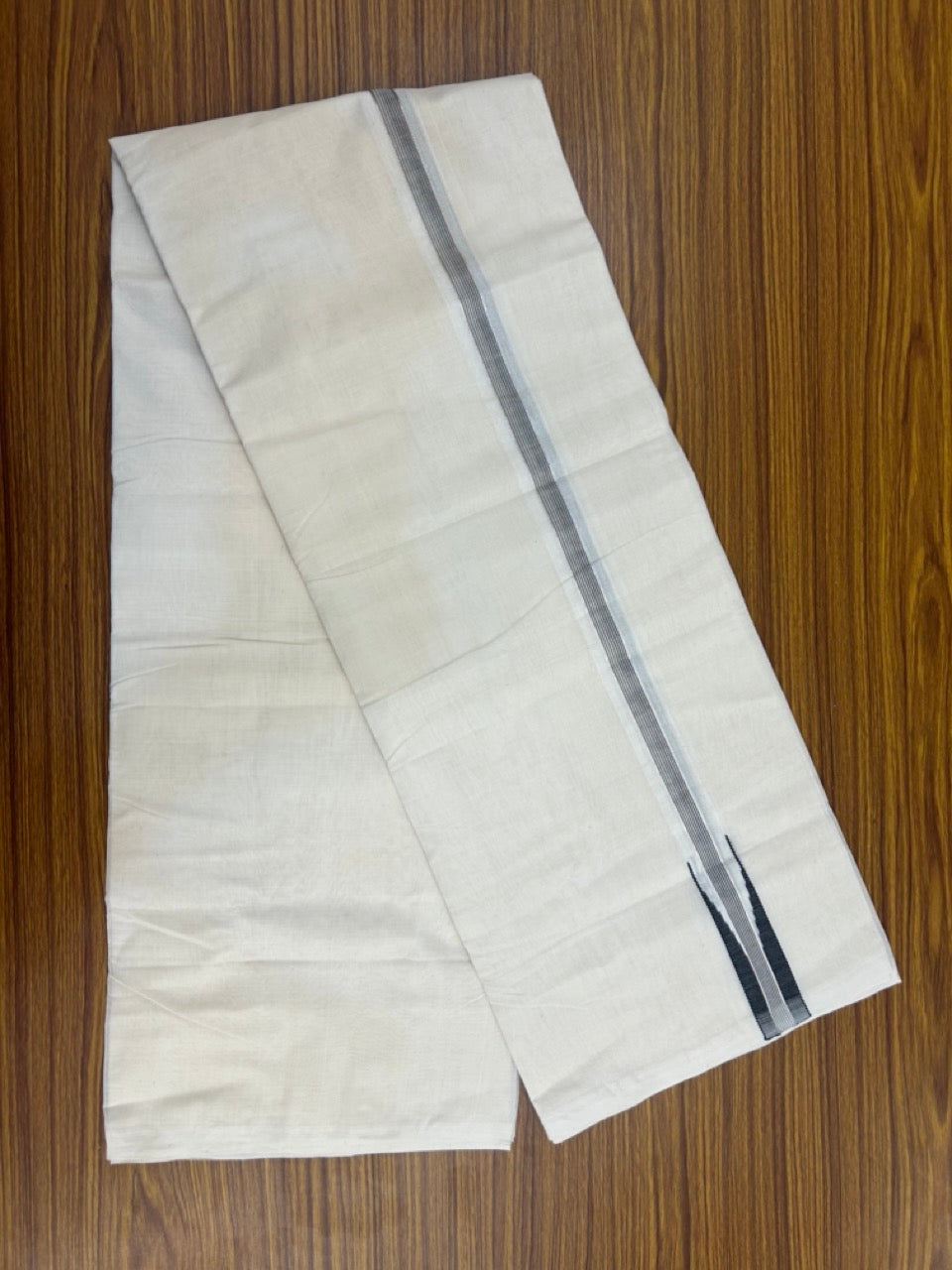 25% Discount ! KaithariKada Handloom Millpaav Balaramapuram - 100% Pure Cotton Off White Double - (Unbleached) Mundu/Dothi - 80X90 - 1 inch Puliyilakkara Silver Kasav & Black Stripes chutty Kara 4 mtr (8.5 Muzham) - 135 KK5236 RAM