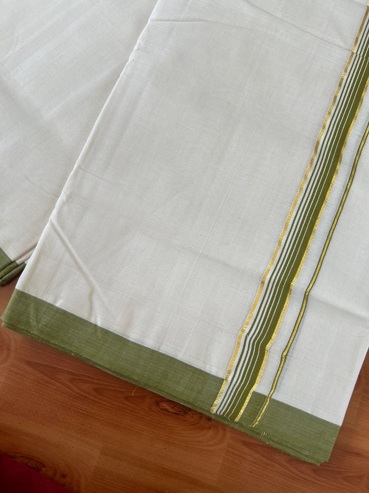 25% Discount! KaithariKada Handloom Millpaav - Kerala Handloom - Cotton Double Mundu/Dhoti Off white (Unbleached) - 80x90 - 1 inch Gold Kasav Olive Green Stripes Kara 4.00 meter (8.5 Muzham) - 14 KK5386 RAM